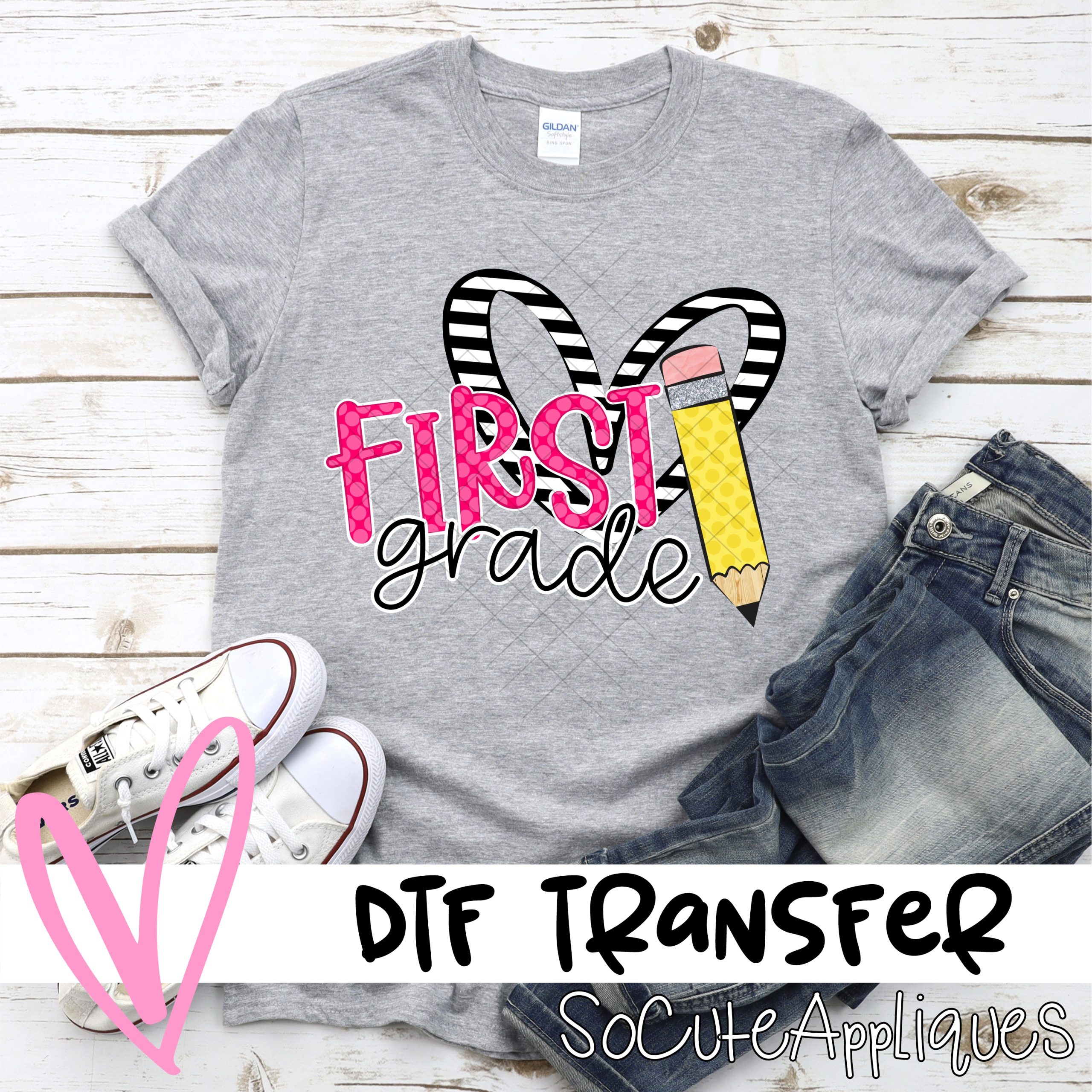 First grade striped heart pencil *DTF* Transfer