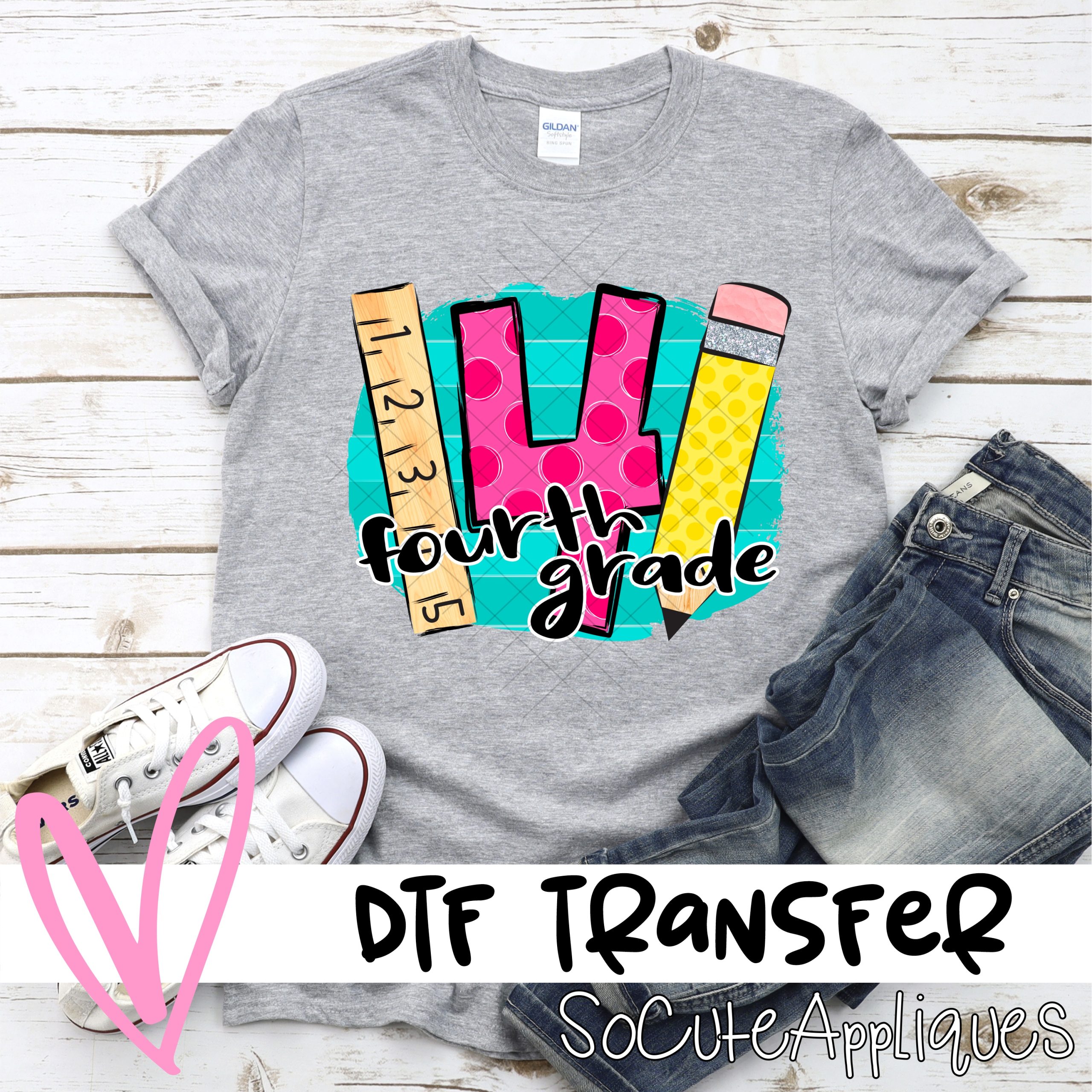 Fourth Grade polka dot letter on blue stripe with pencil and ruler *DTF* Transfer