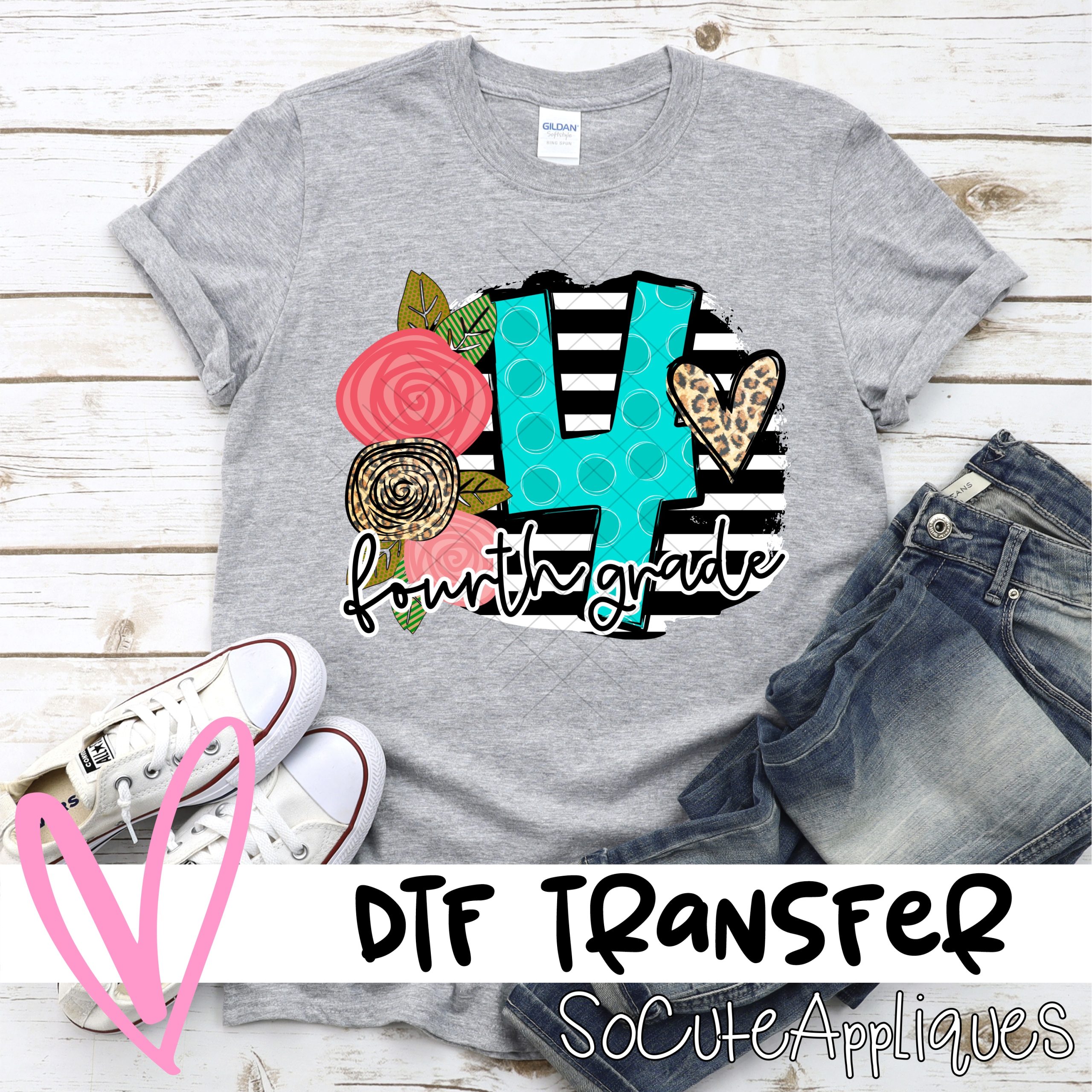 Fourth Grade polka dot letter with roses on black stripe *DTF* Transfer