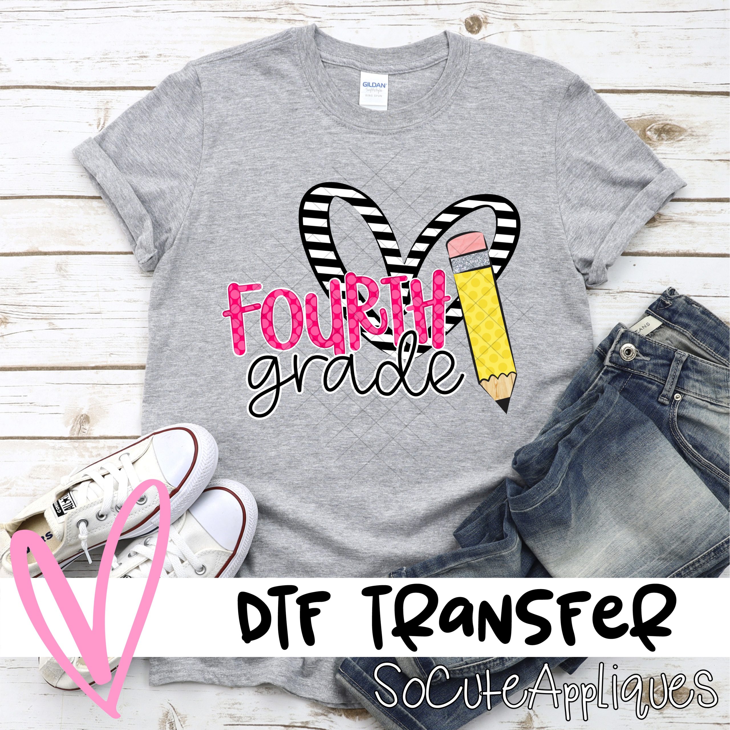 Fourth grade striped heart pencil *DTF* Transfer