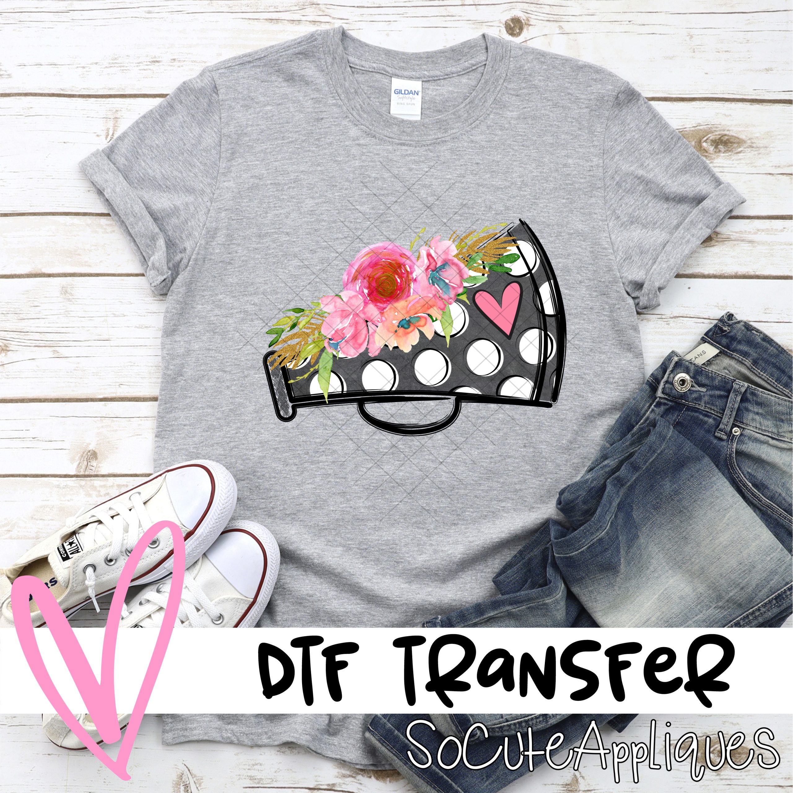 gray polka dot megaphone with flowers *DTF* Transfer