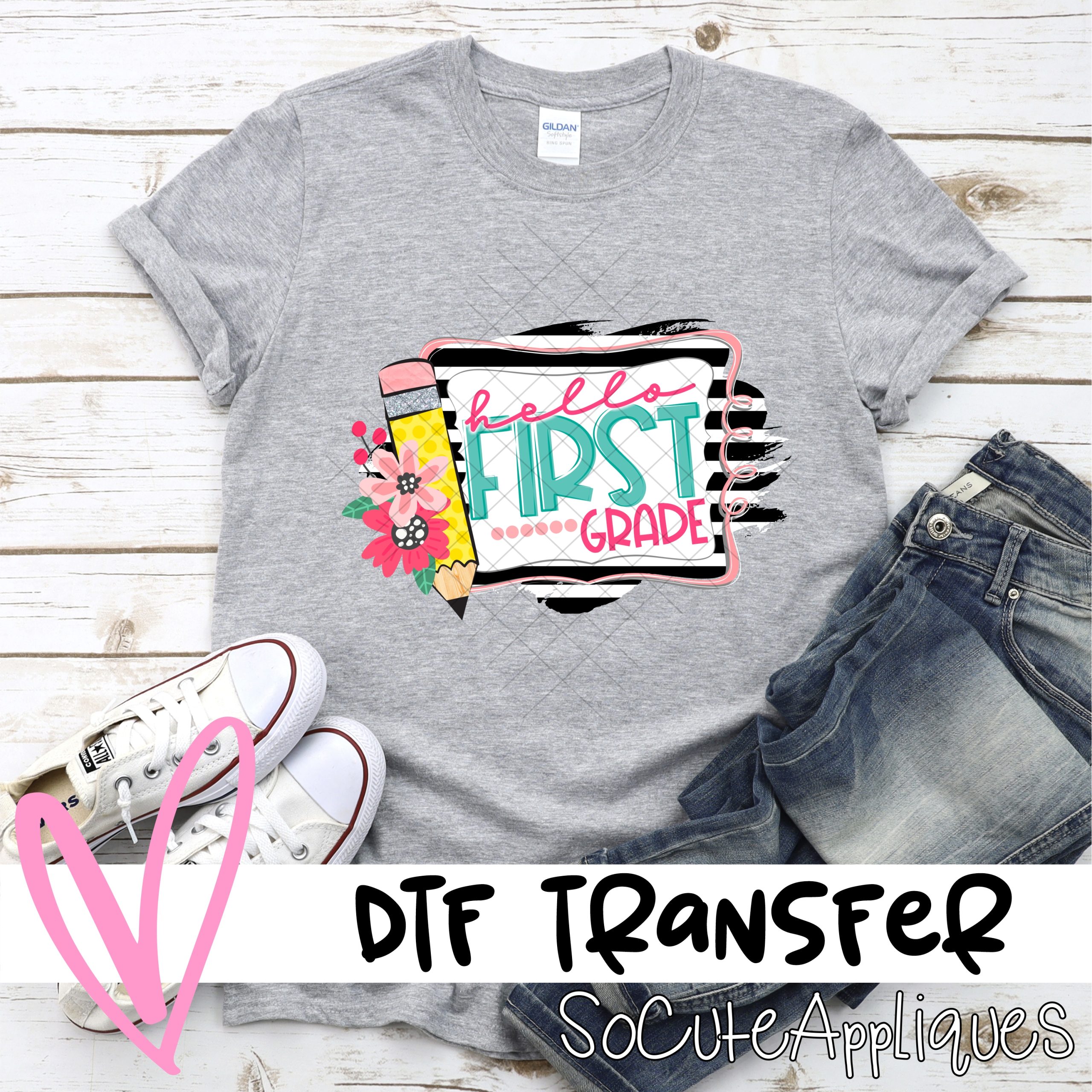 Hello first grade black stipe frame with flowers *DTF* Transfer