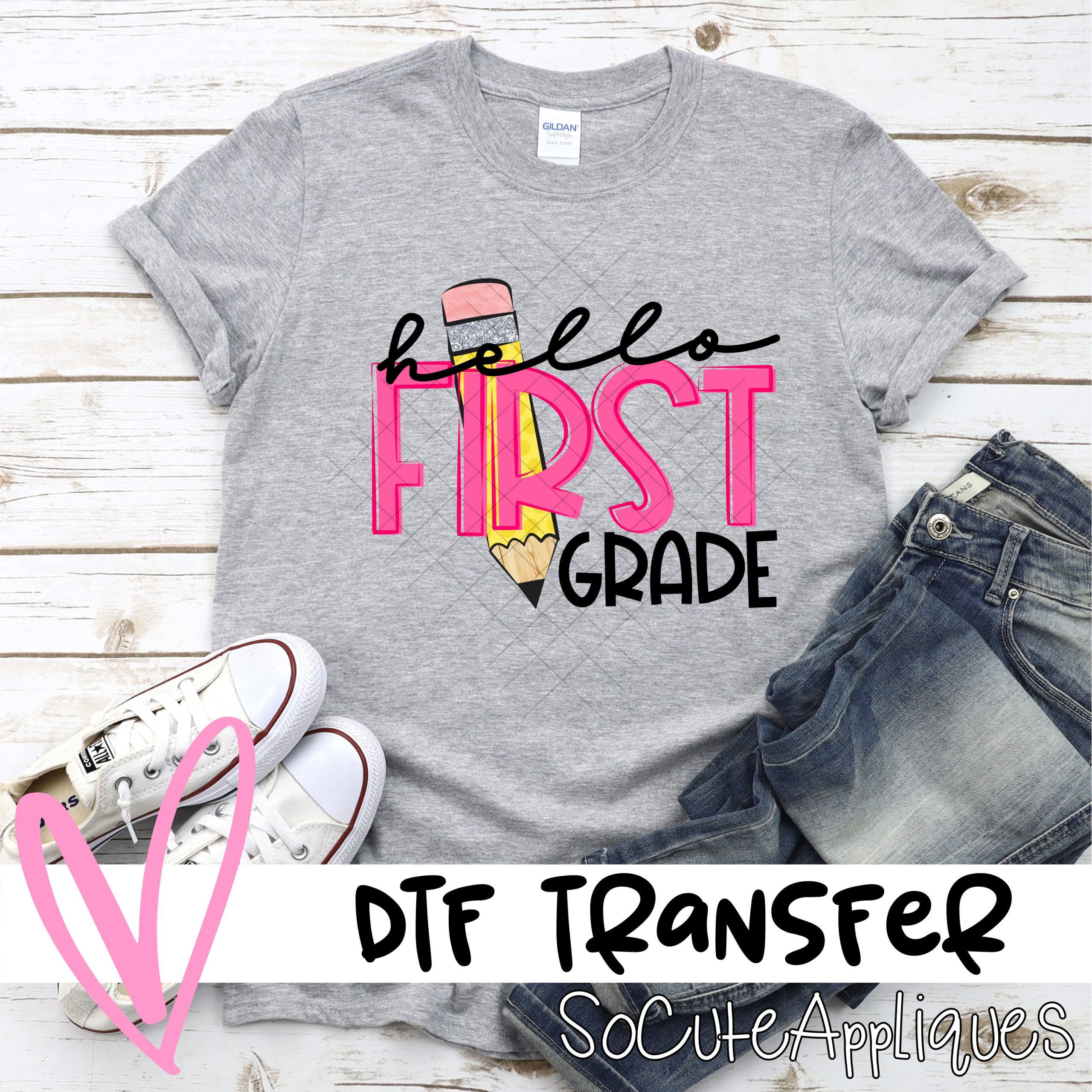 hello first grade pencil pink *DTF* Transfer