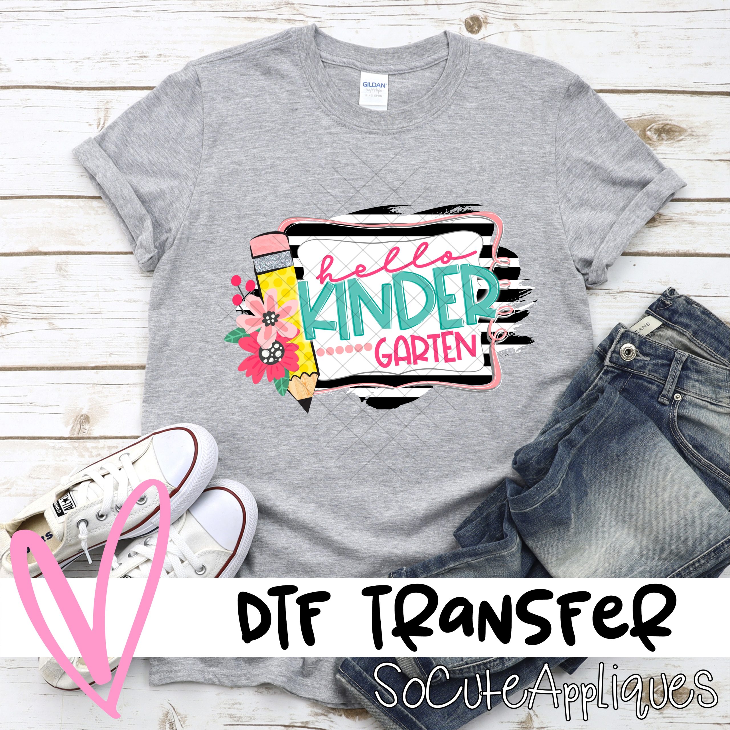 Hello Kindergarten black stipe frame with flowers *DTF* Transfer