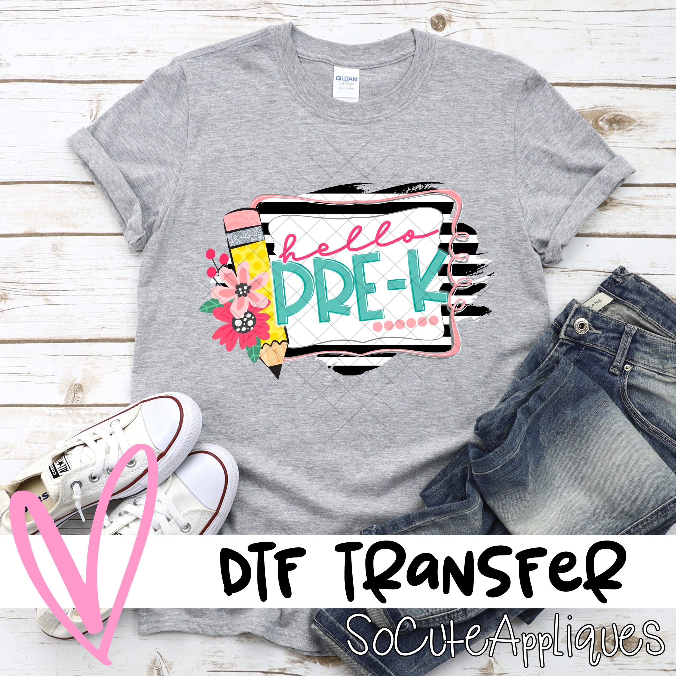 Hello preK black stipe frame with flowers *DTF* Transfer