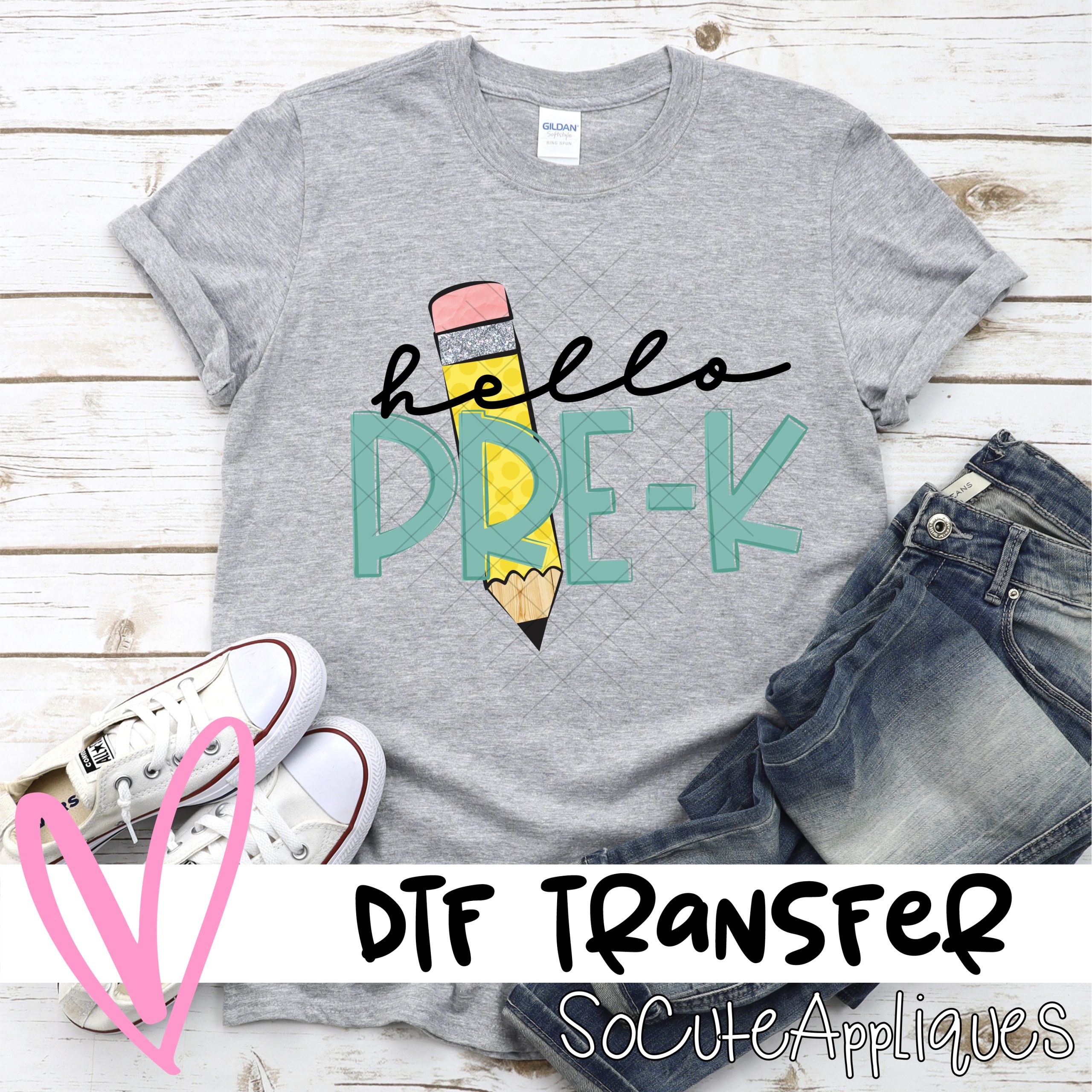 hello pre-k pencil teal *DTF* Transfer
