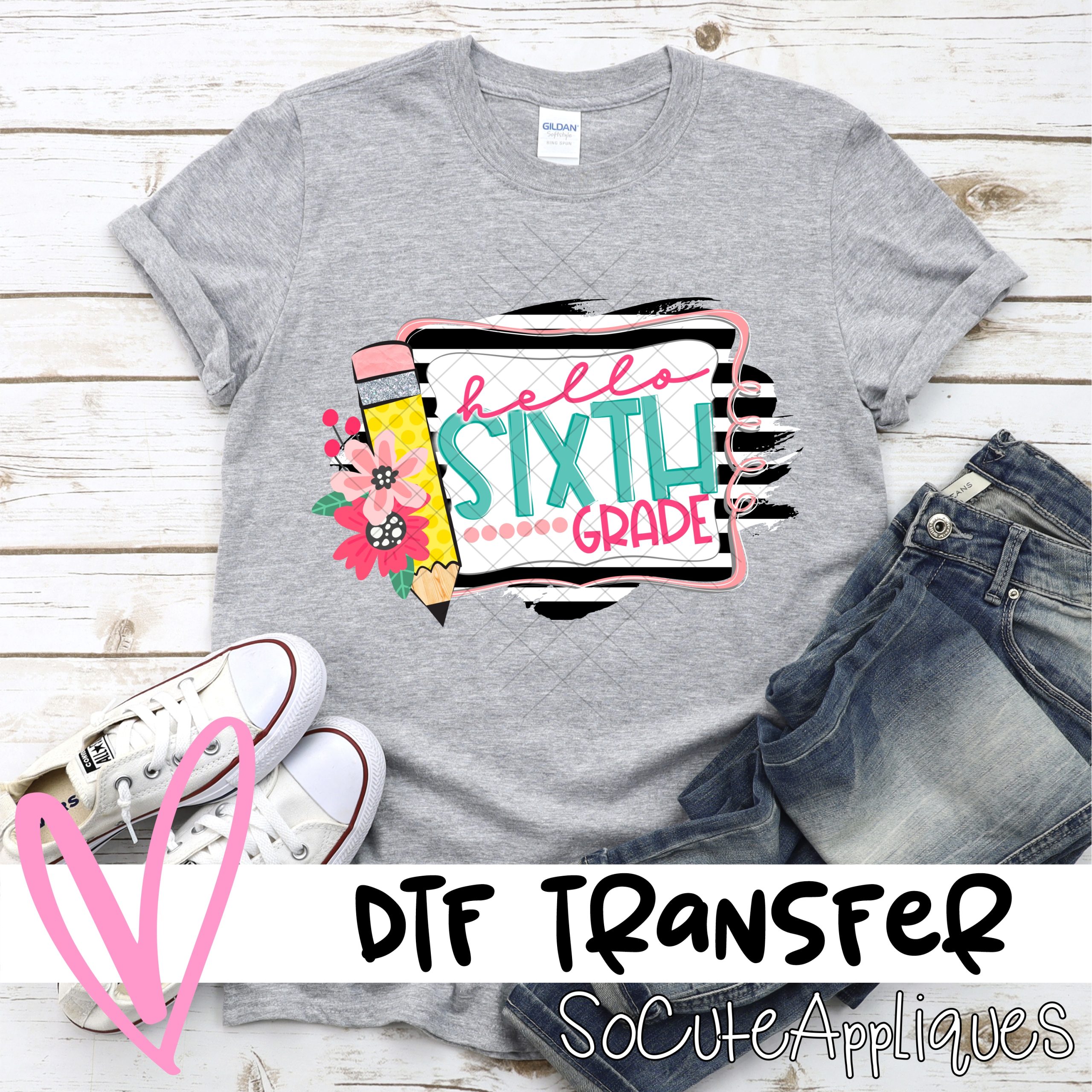 Hello sixth grade black stipe frame with flowers *DTF* Transfer
