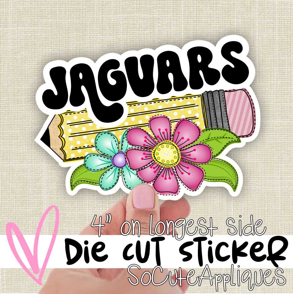 *Die Cut Sticker* Jaguars pencil with flowers - 4" single die cut sticker