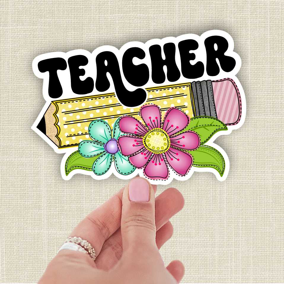 *Die Cut Sticker* Teacher pencil with flowers - 4" single die cut sticker - Image 3