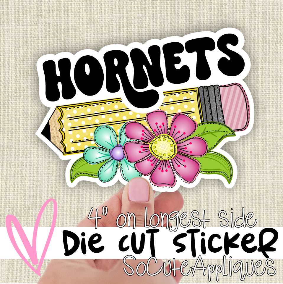 *Die Cut Sticker* Hornets pencil with flowers - 4" single die cut sticker
