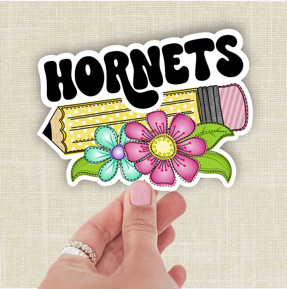 *Die Cut Sticker* Hornets pencil with flowers - 4" single die cut sticker - Image 3