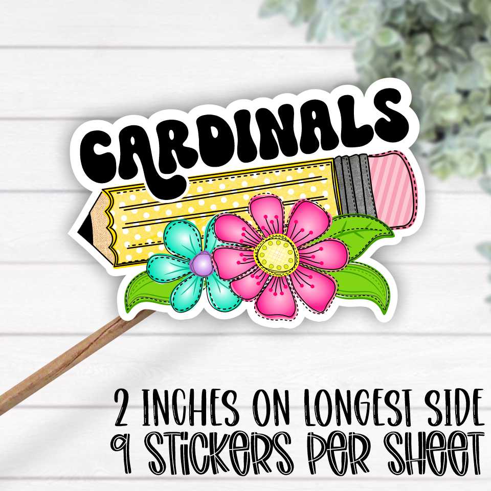 *STICKER SHEET*  Pencil with bright flowers Cardinals