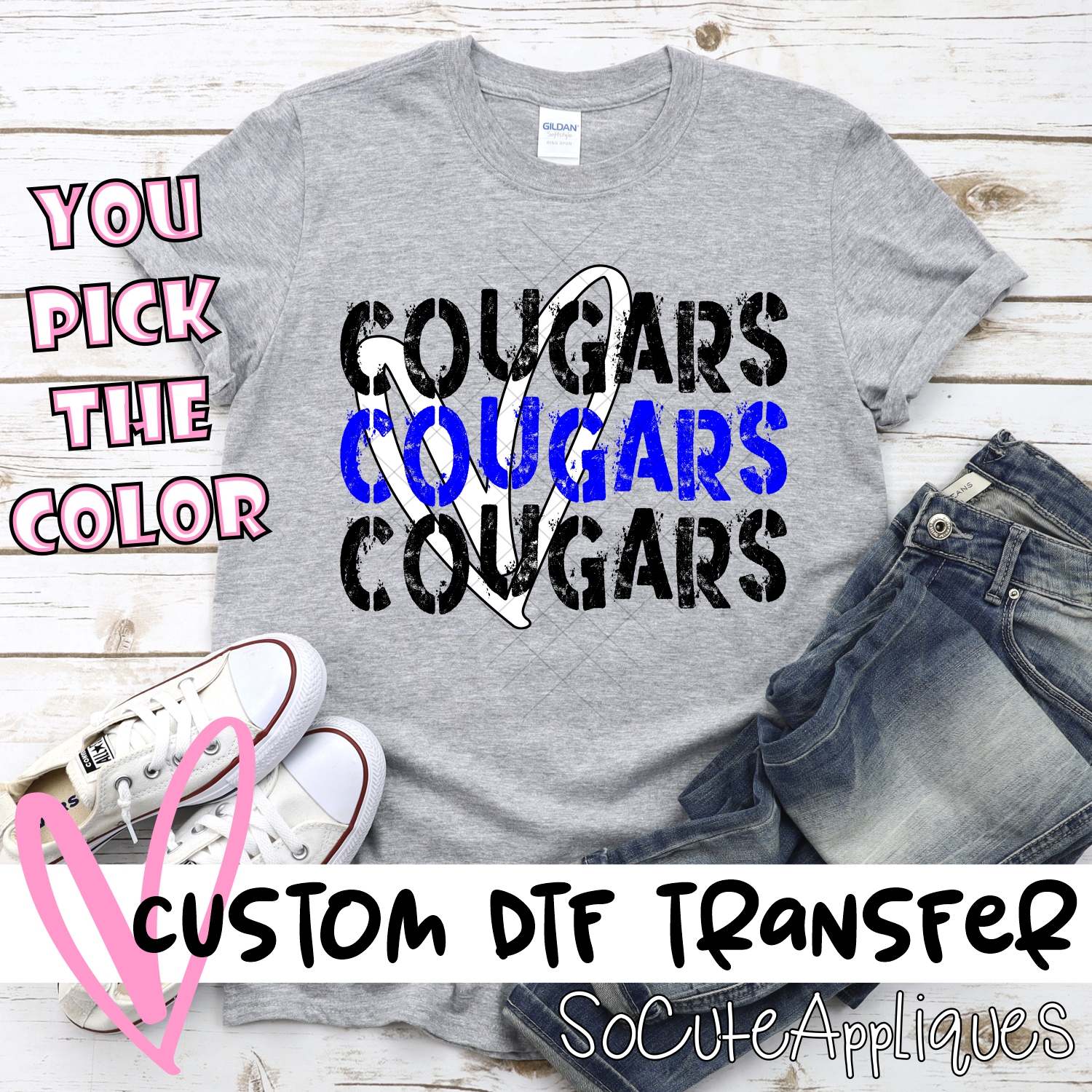 CUSTOM Stacked Cougars with heart *DTF* Transfer