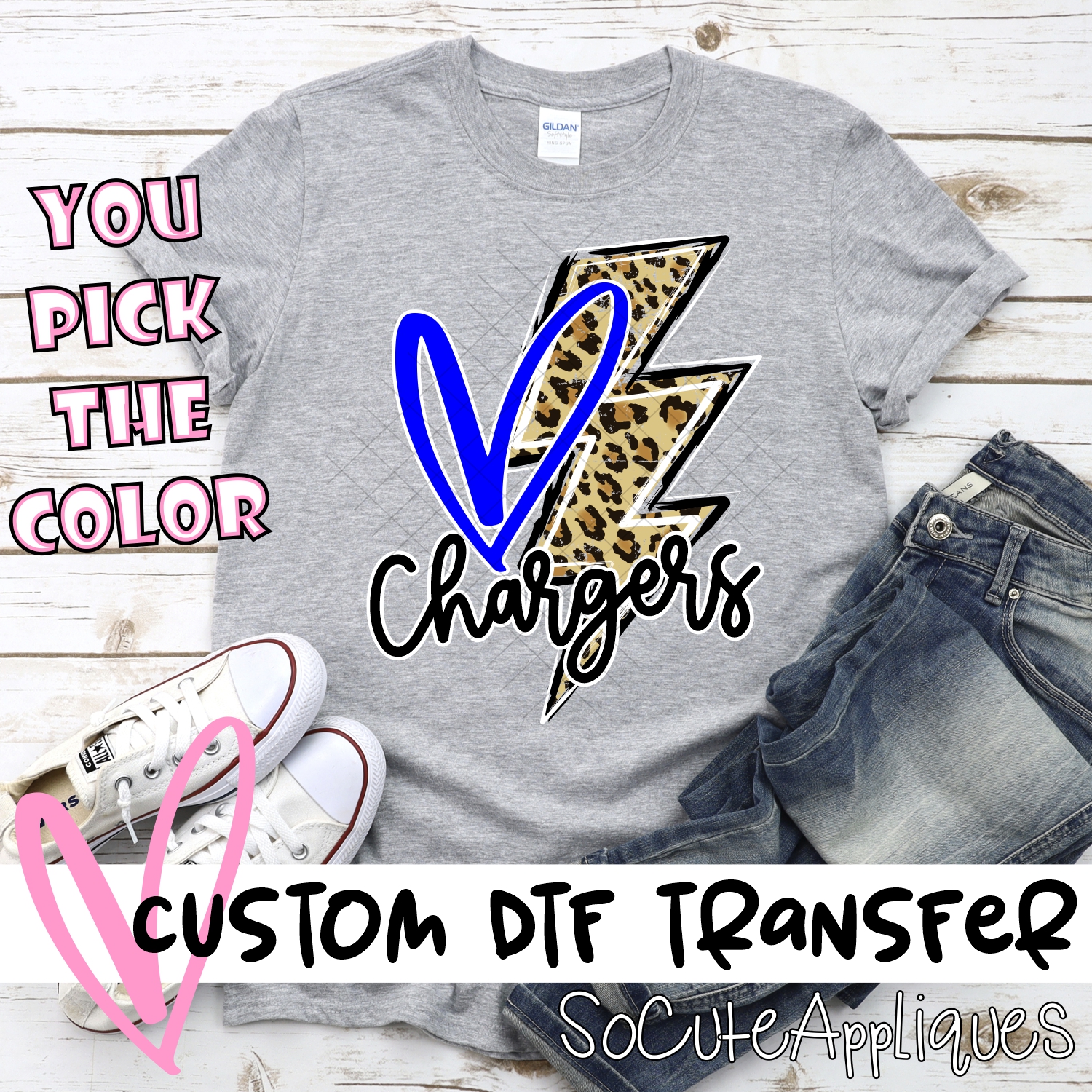 CUSTOM Chargers heart with leopard lightning bolt *DTF* Transfer
