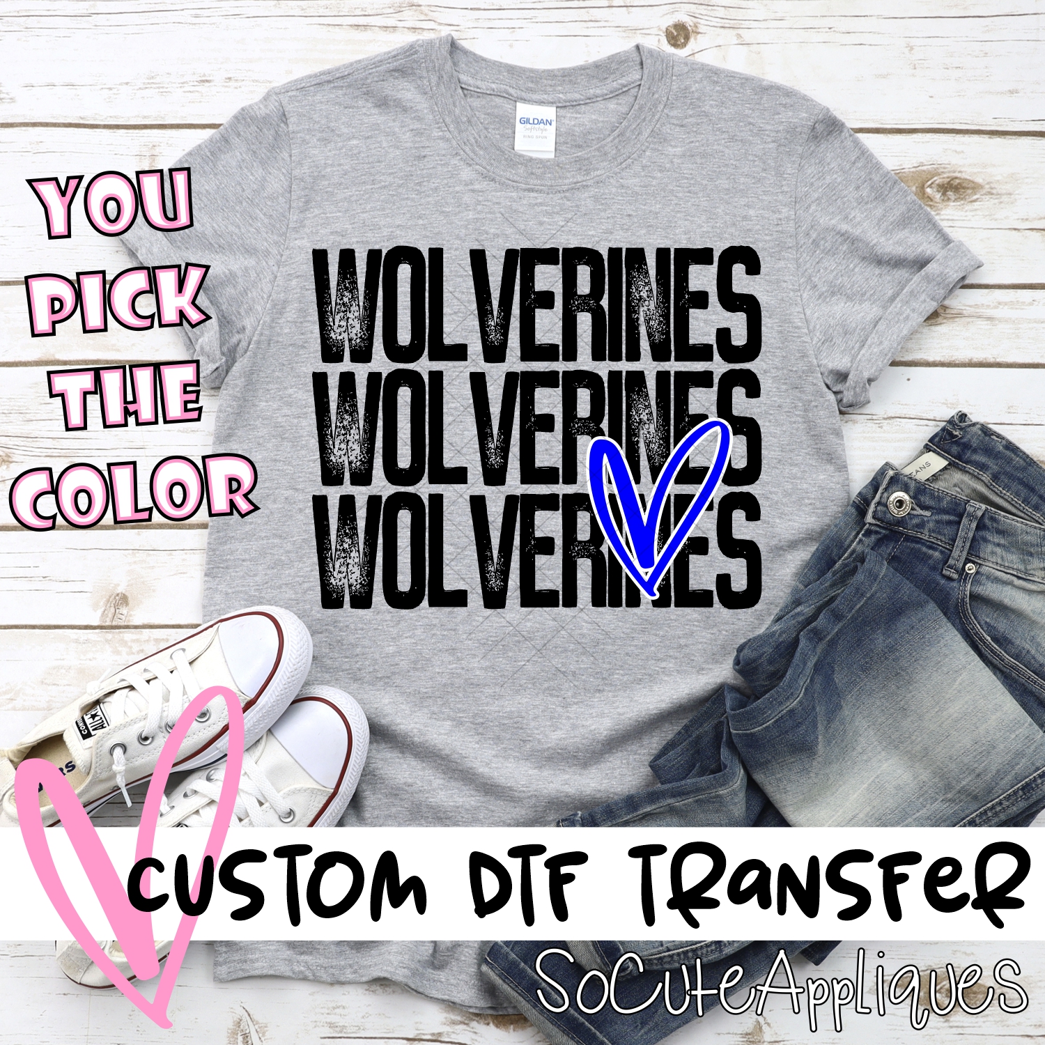 CUSTOM Wolverines triple name with heart *DTF* Transfer