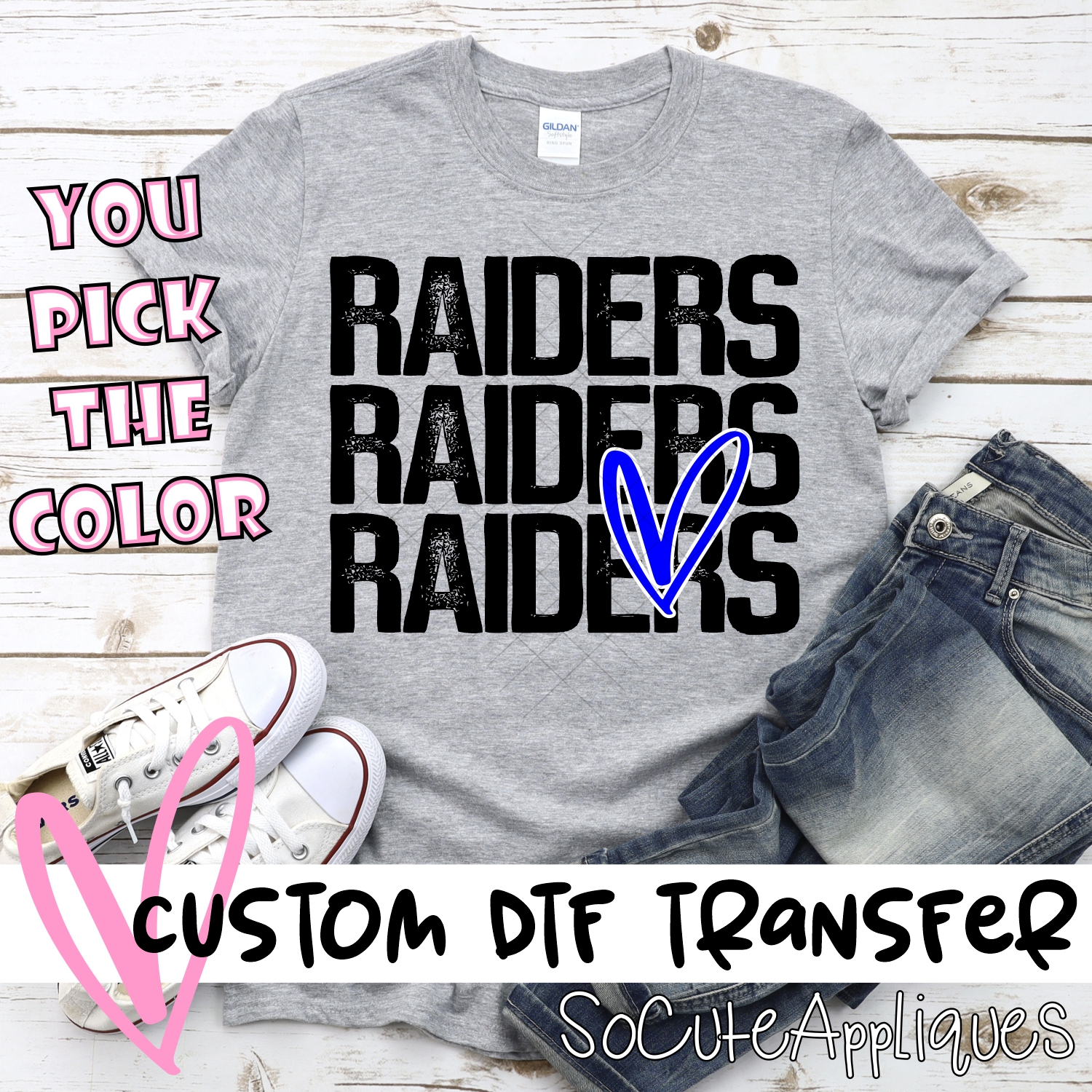 CUSTOM Raiders triple name with heart *DTF* Transfer