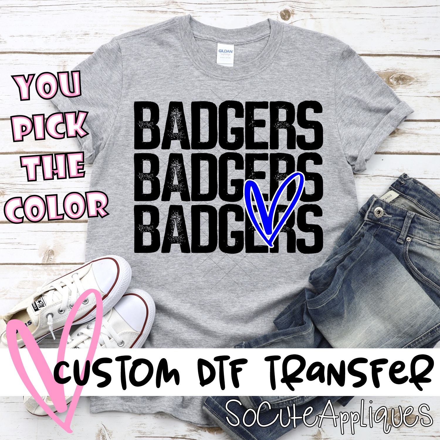 CUSTOM Badgers triple name with heart *DTF* Transfer
