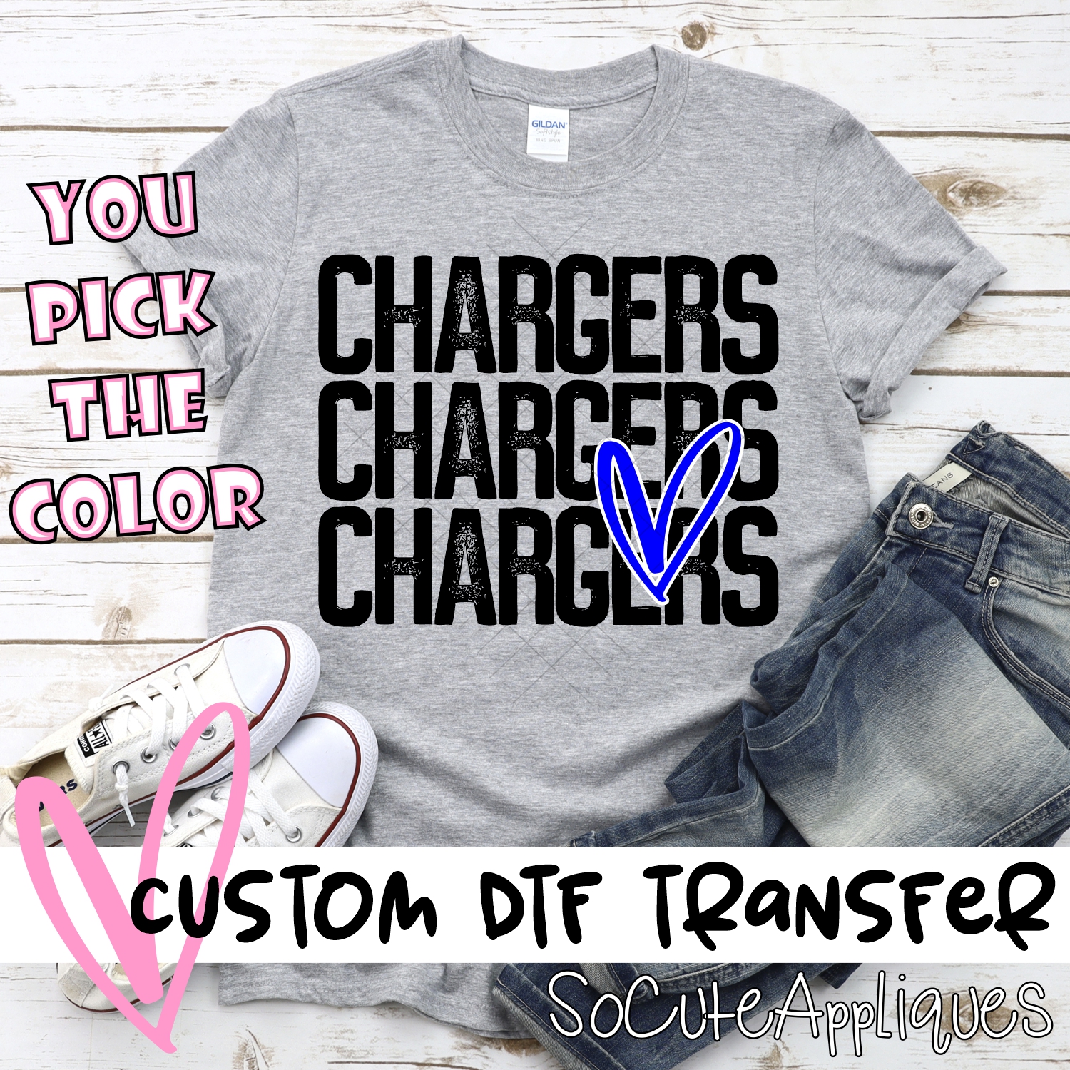 CUSTOM Chargers triple name with heart *DTF* Transfer