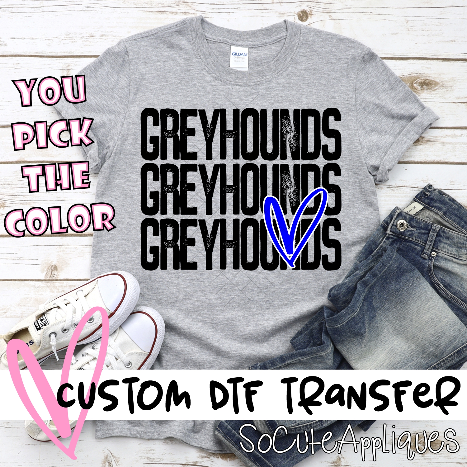 CUSTOM Greyhounds triple name with heart *DTF* Transfer