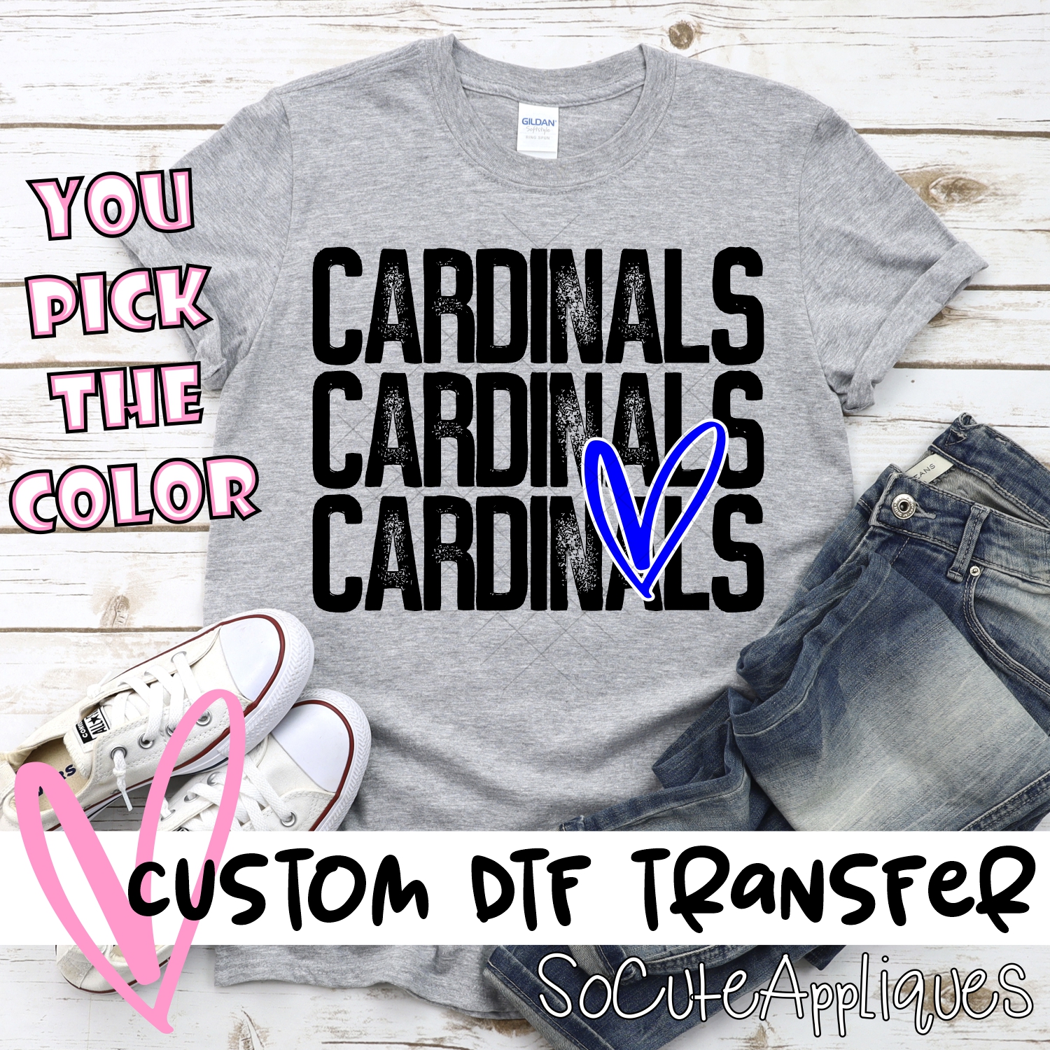 CUSTOM Cardinals triple name with heart *DTF* Transfer