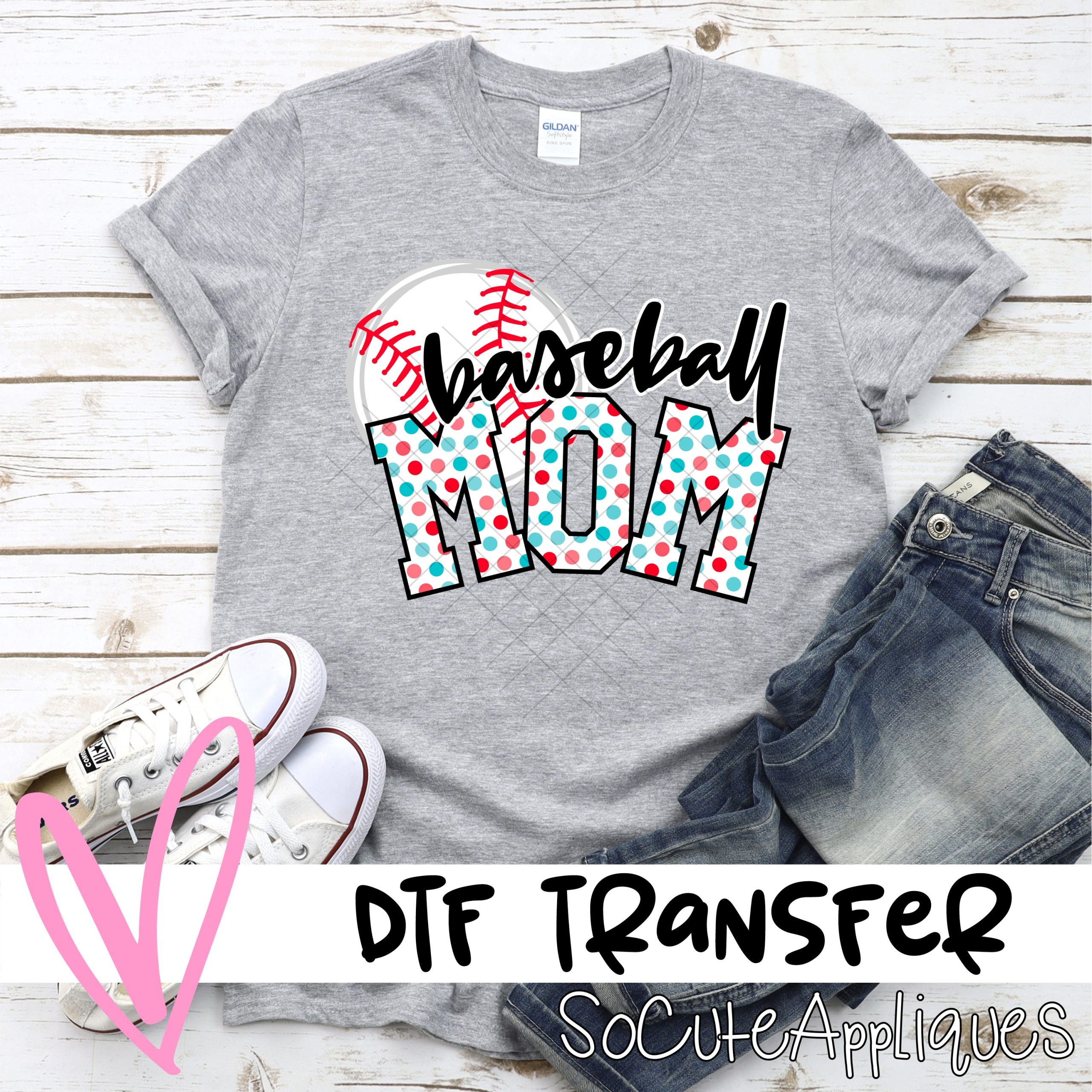 Baseball mom ball pink blue polka dot *DTF* Transfer