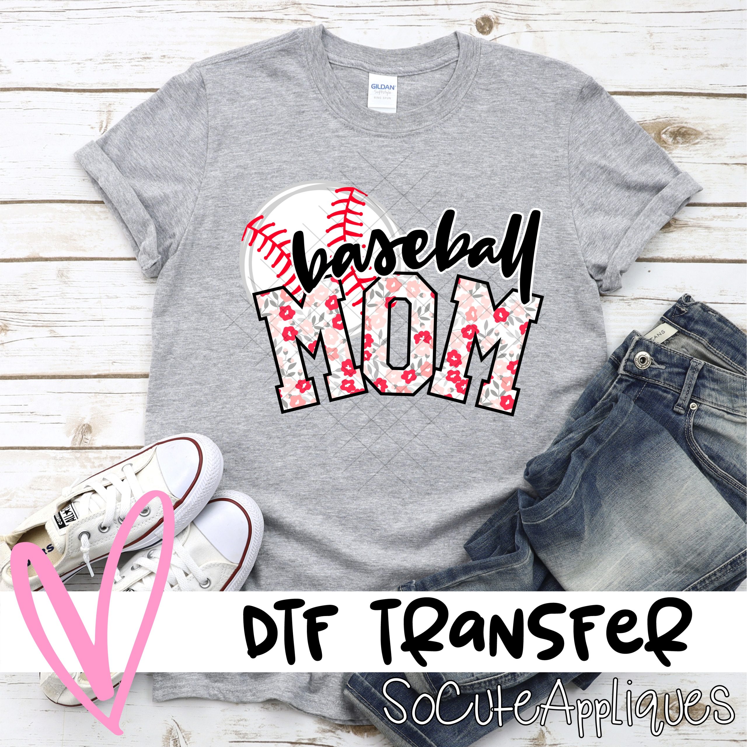 Baseball mom ball pink flowers *DTF* Transfer