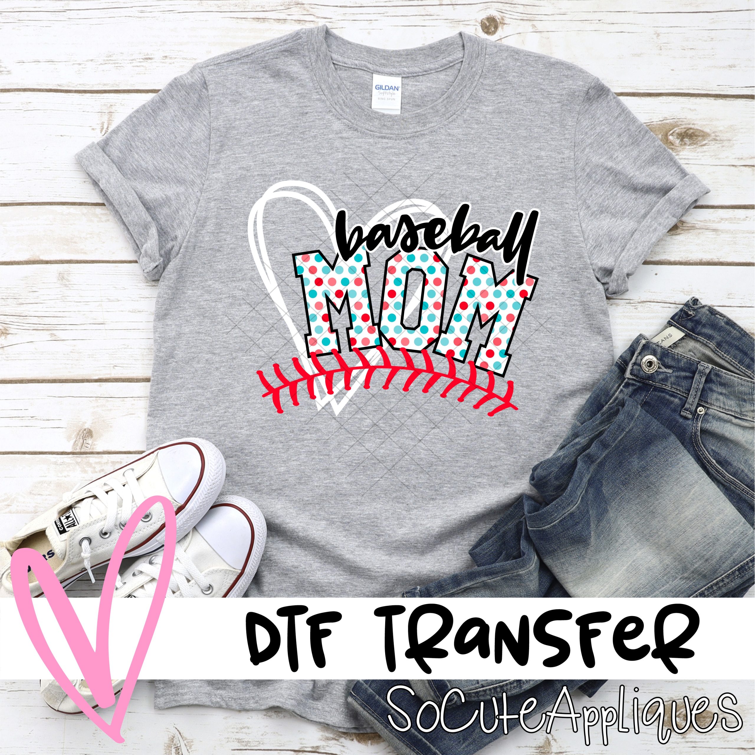 Baseball mom heart pink blue polka dot *DTF* Transfer