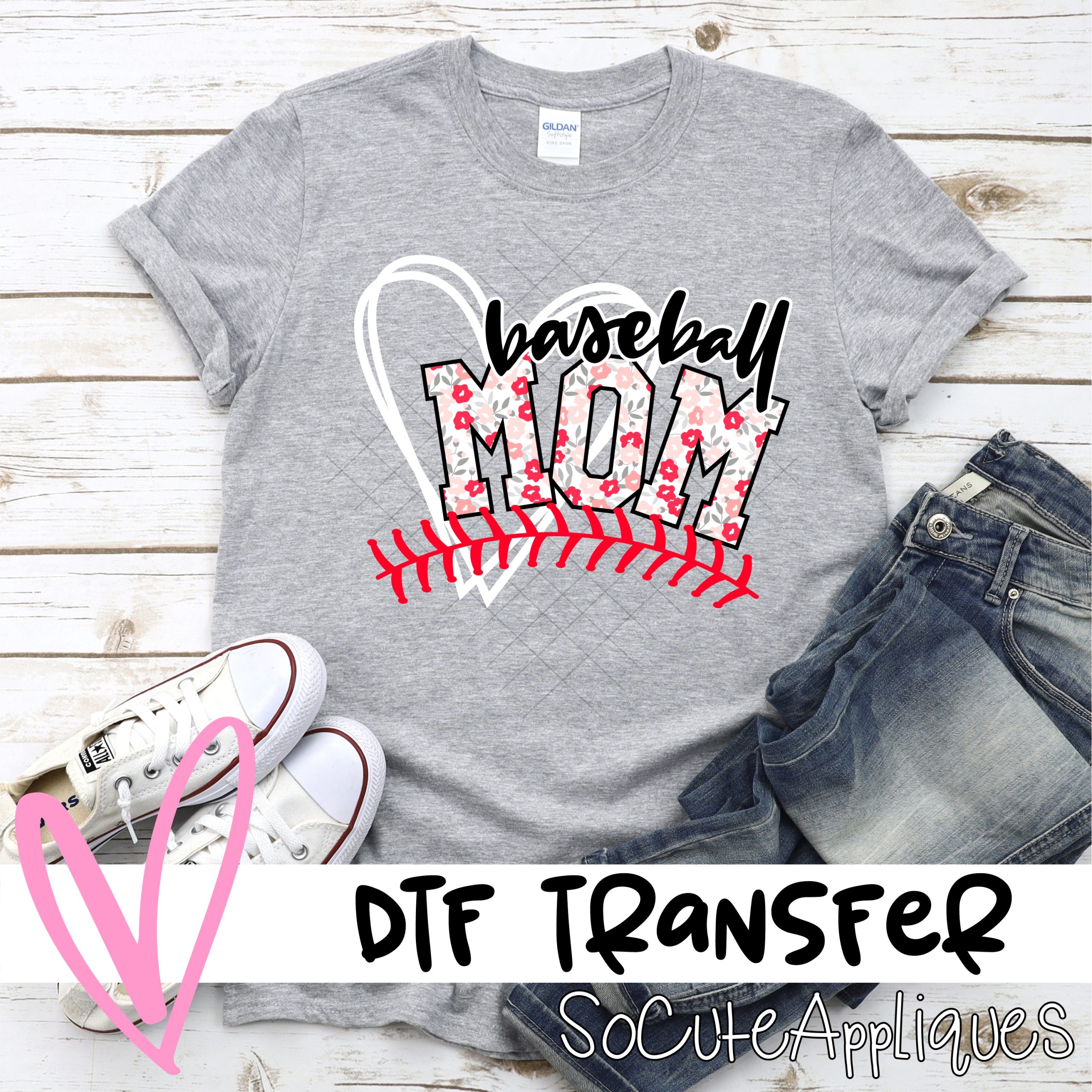 Baseball mom heart pink flower