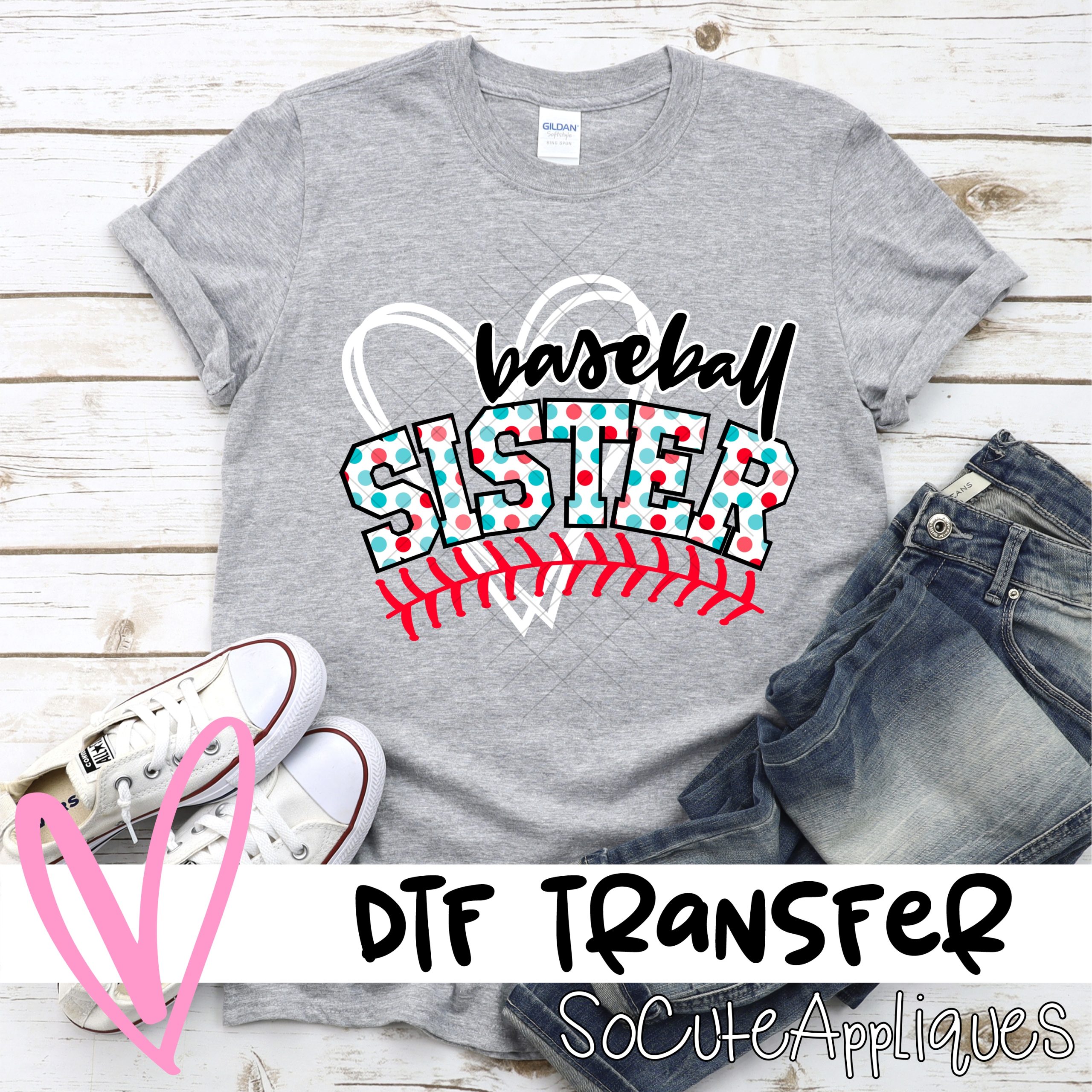 Baseball sister heart blue pink polka dots *DTF* Transfer