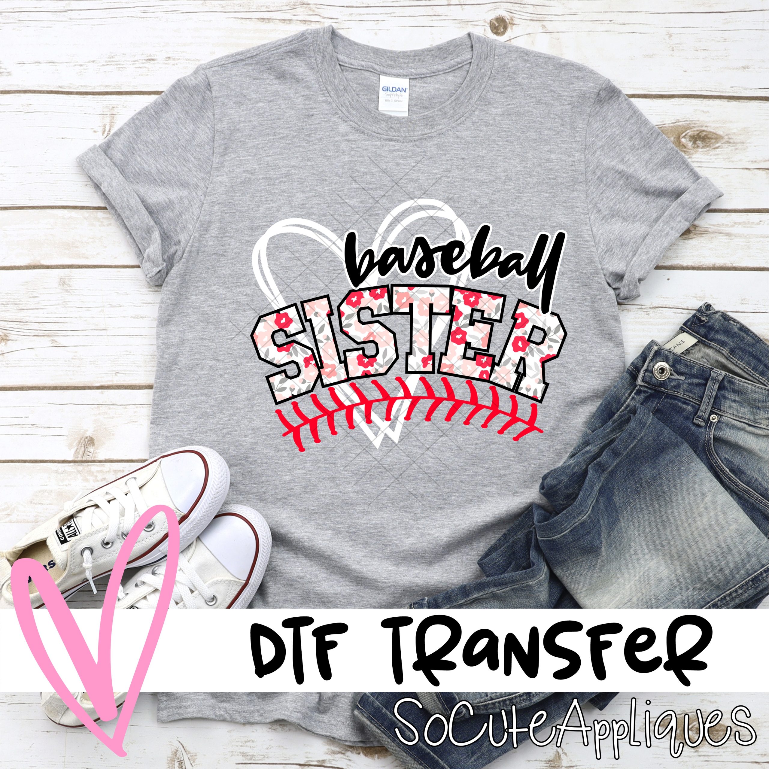 Baseball sister heart pink flowers *DTF* Transfer