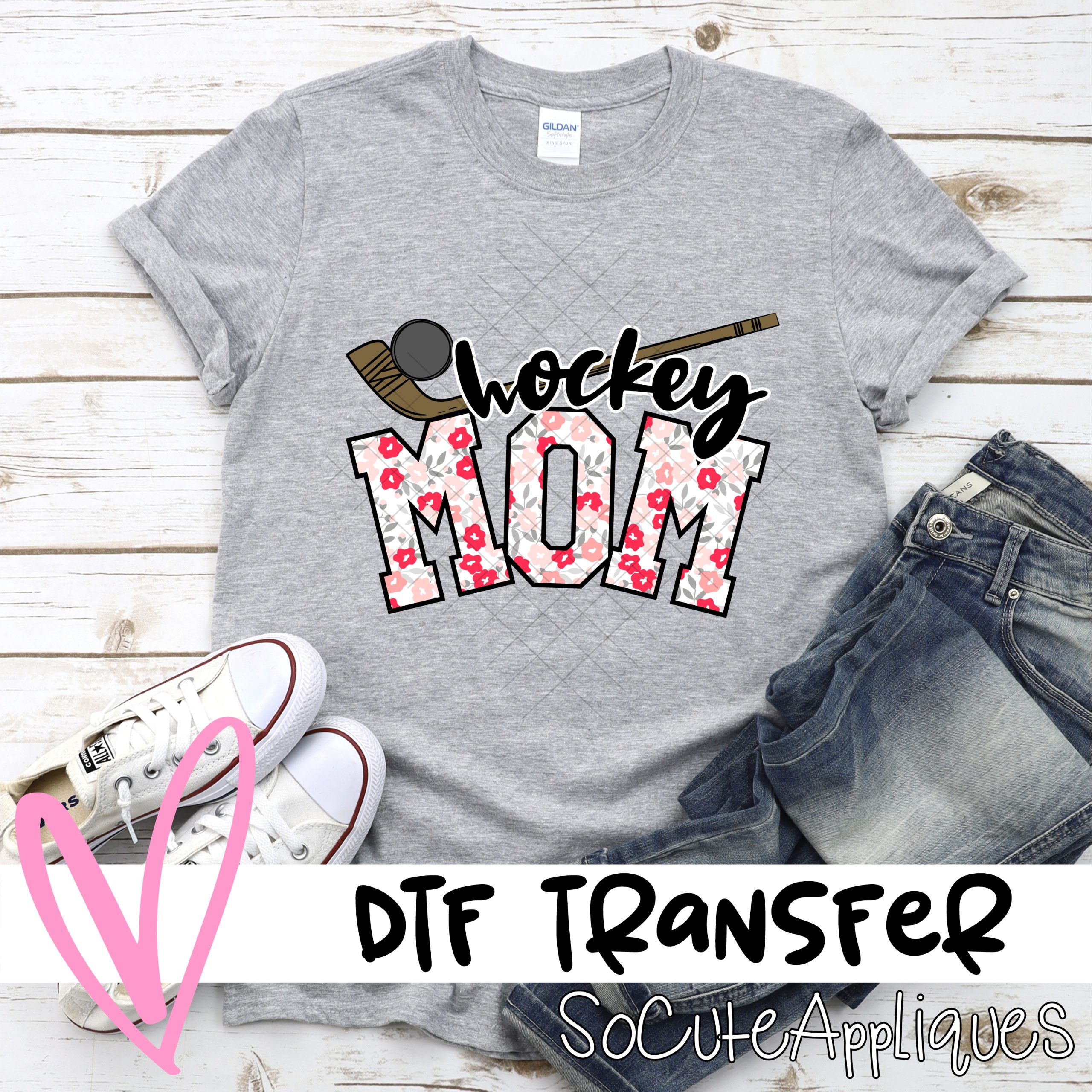 Hockey mom ball pink flowers *DTF* Transfer