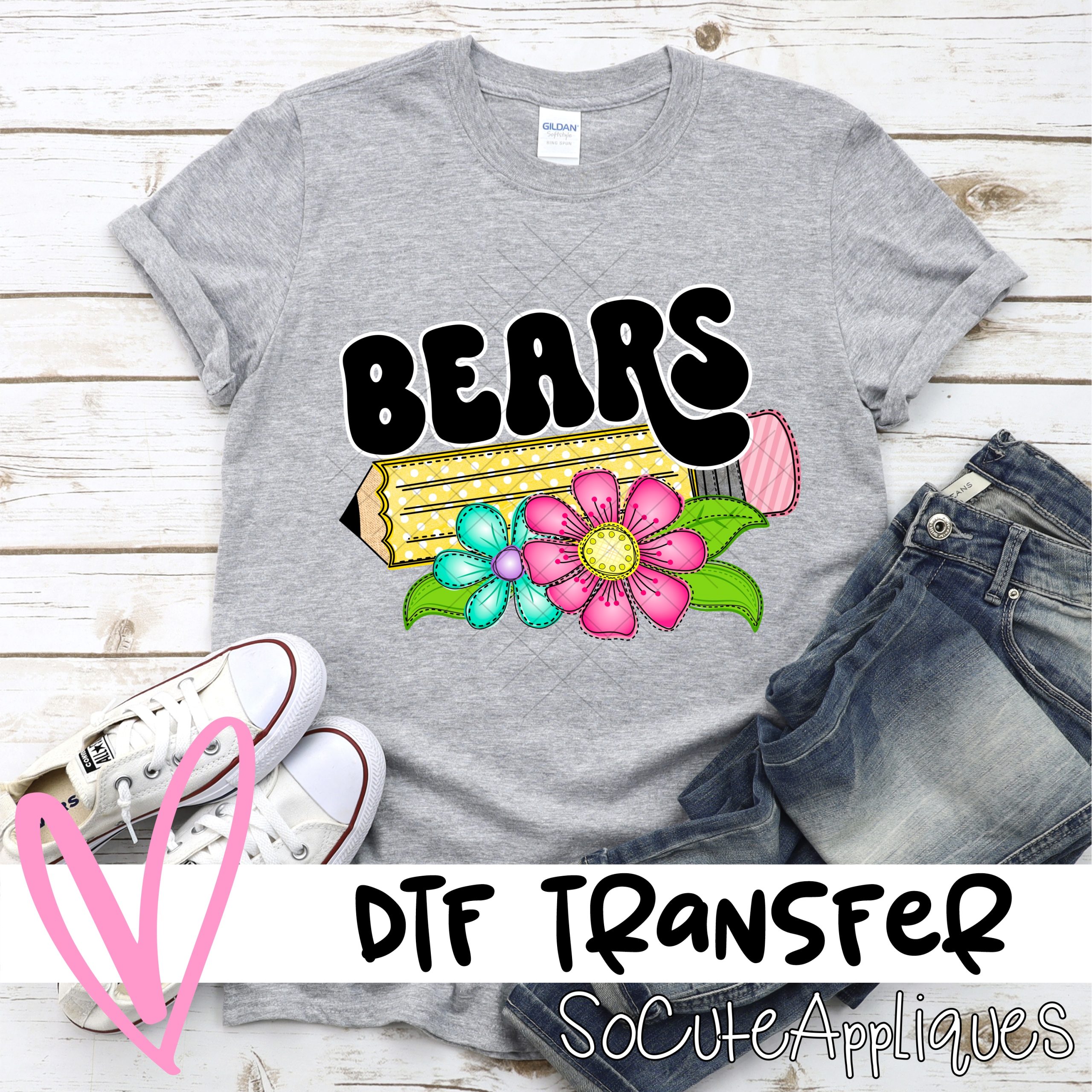 Pencil with bright flowers Bears *DTF Transfer