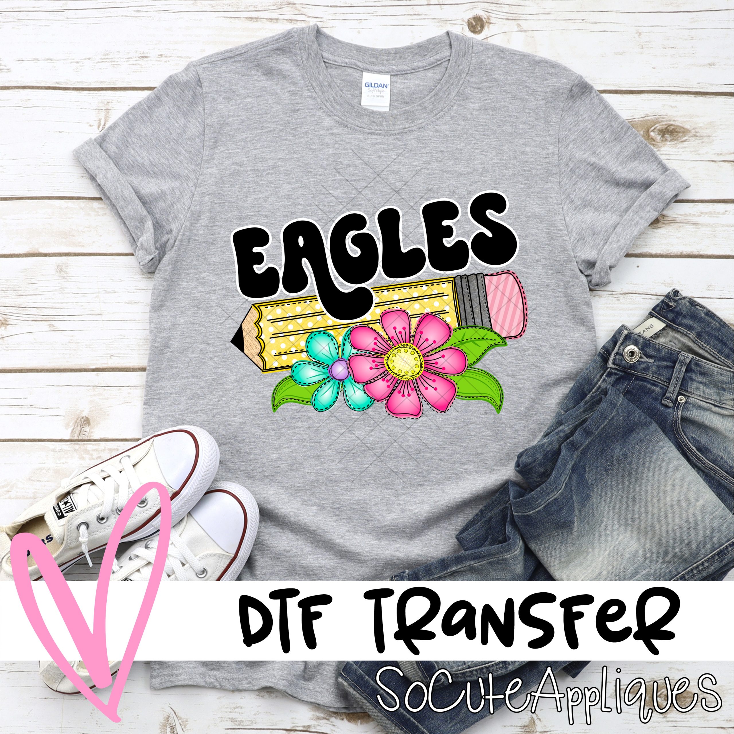 Pencil with bright flowers Eagles *DTF Transfer