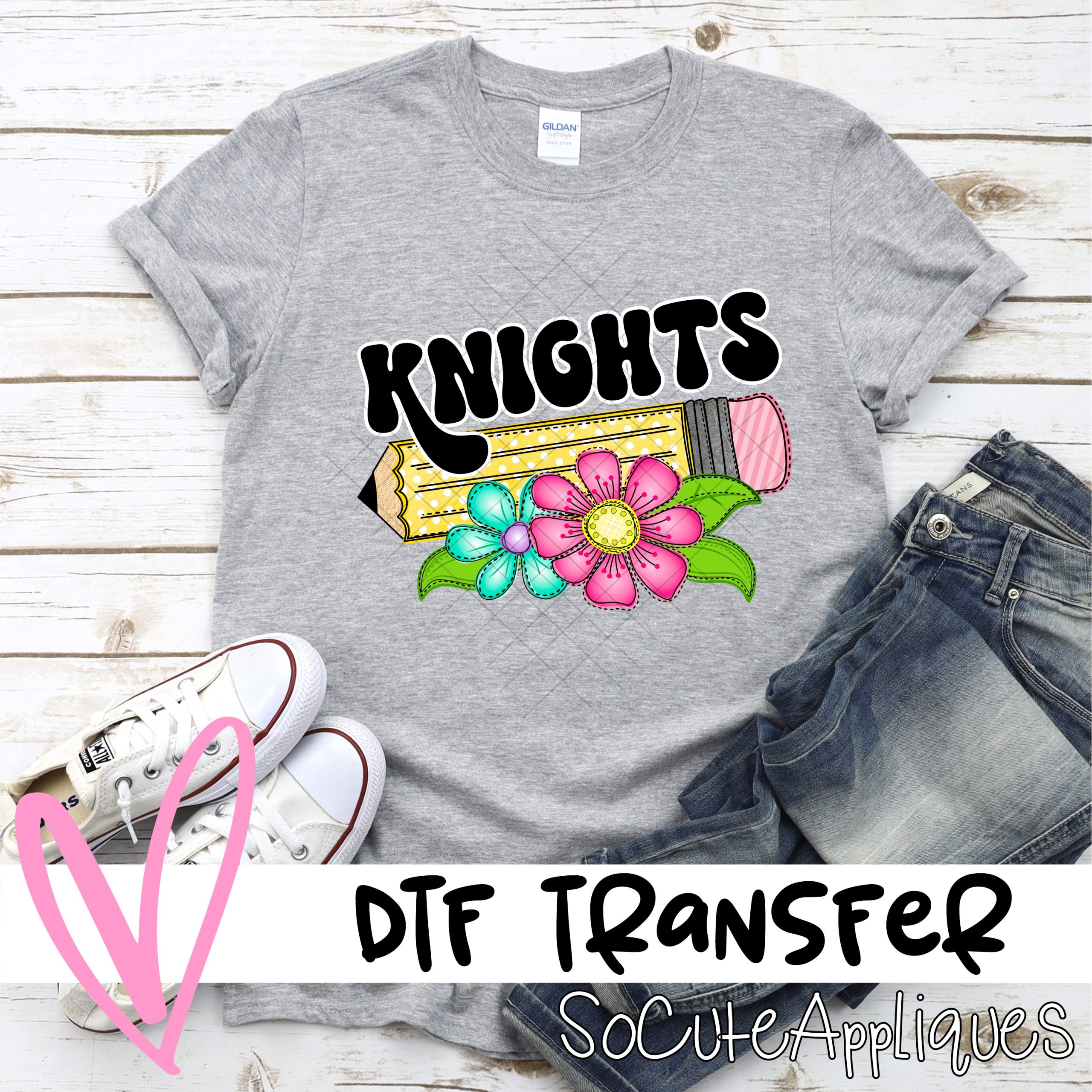 Pencil with bright flowers Knights *DTF Transfer