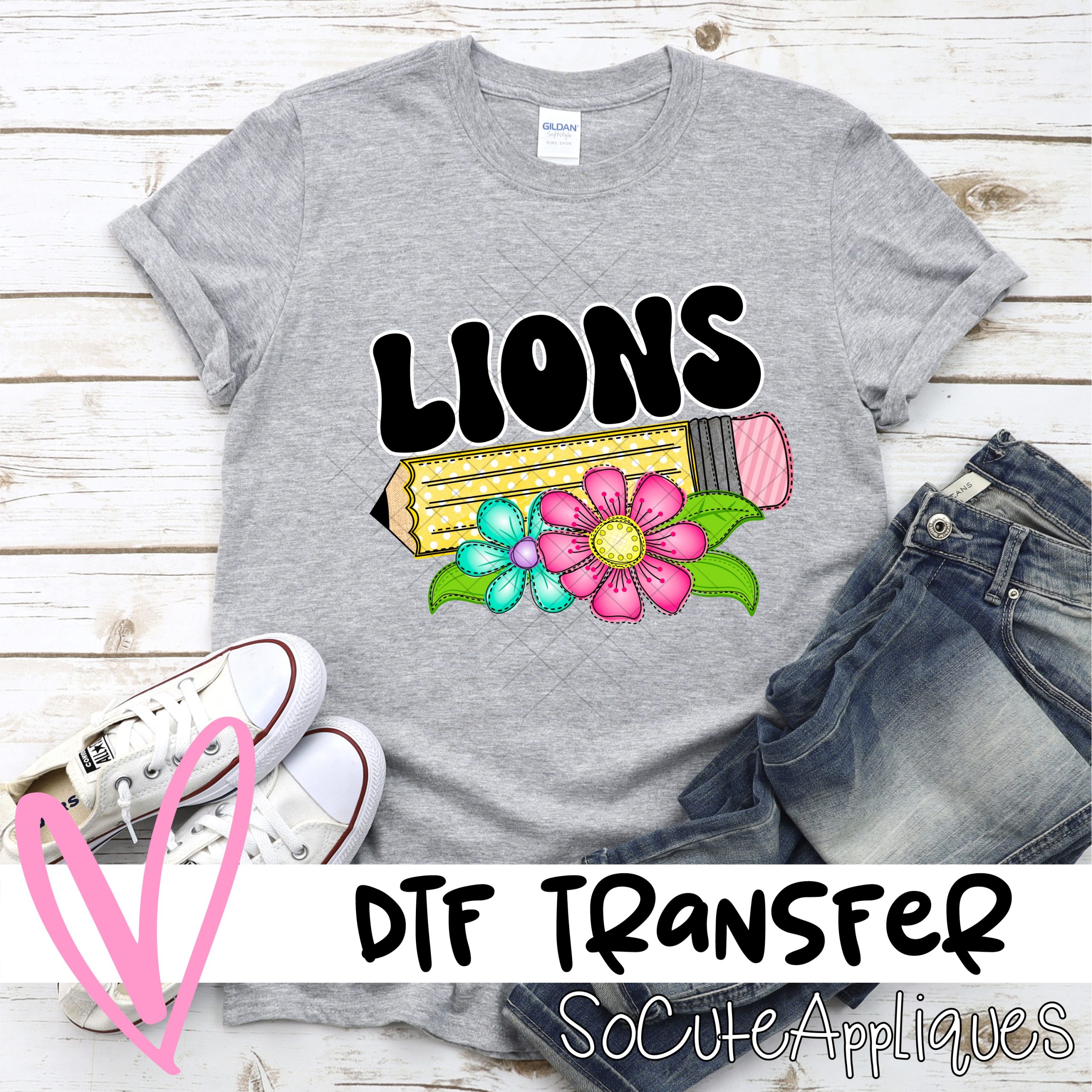 Pencil with bright flowers Lions *DTF Transfer