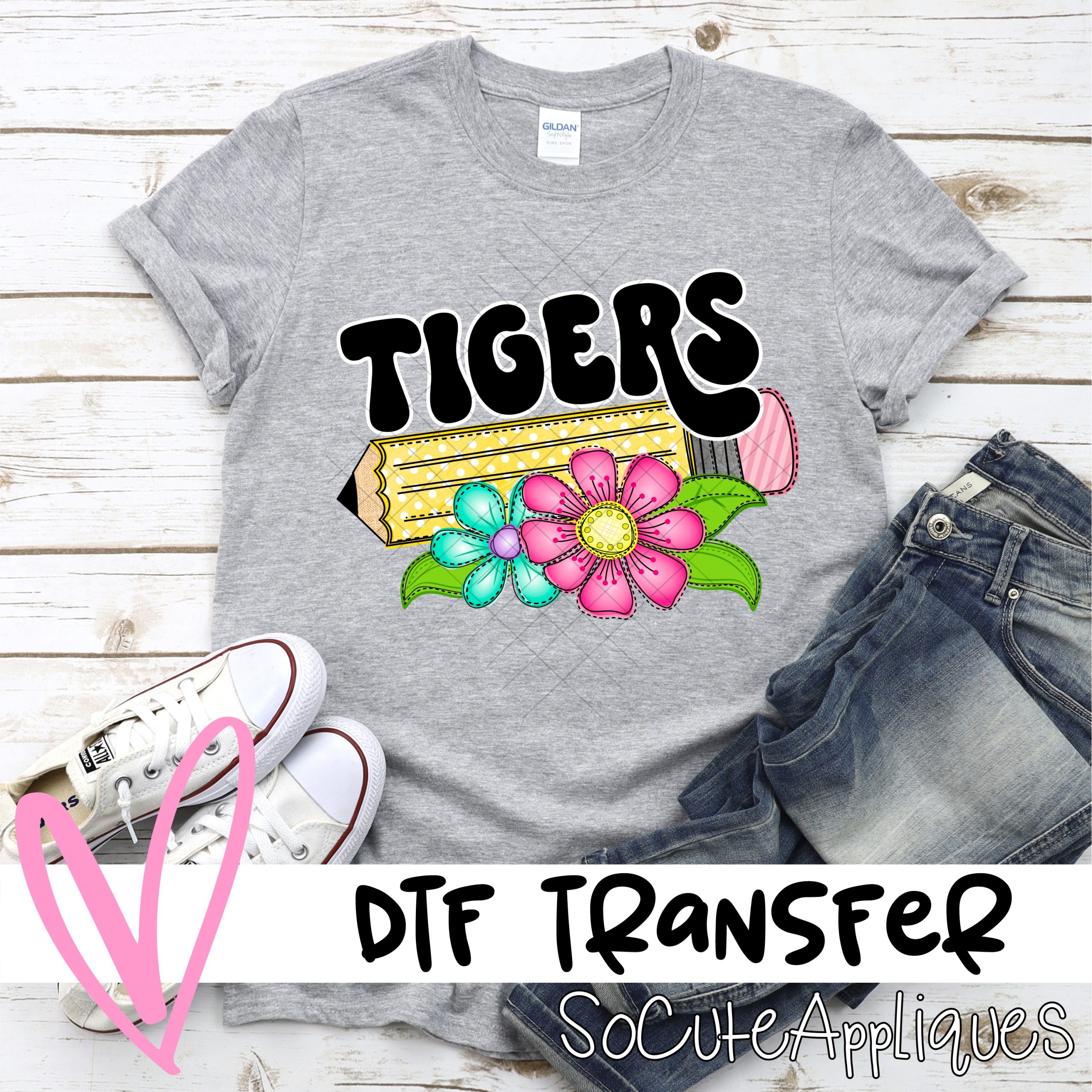 Pencil with bright flowers Tigers *DTF Transfer