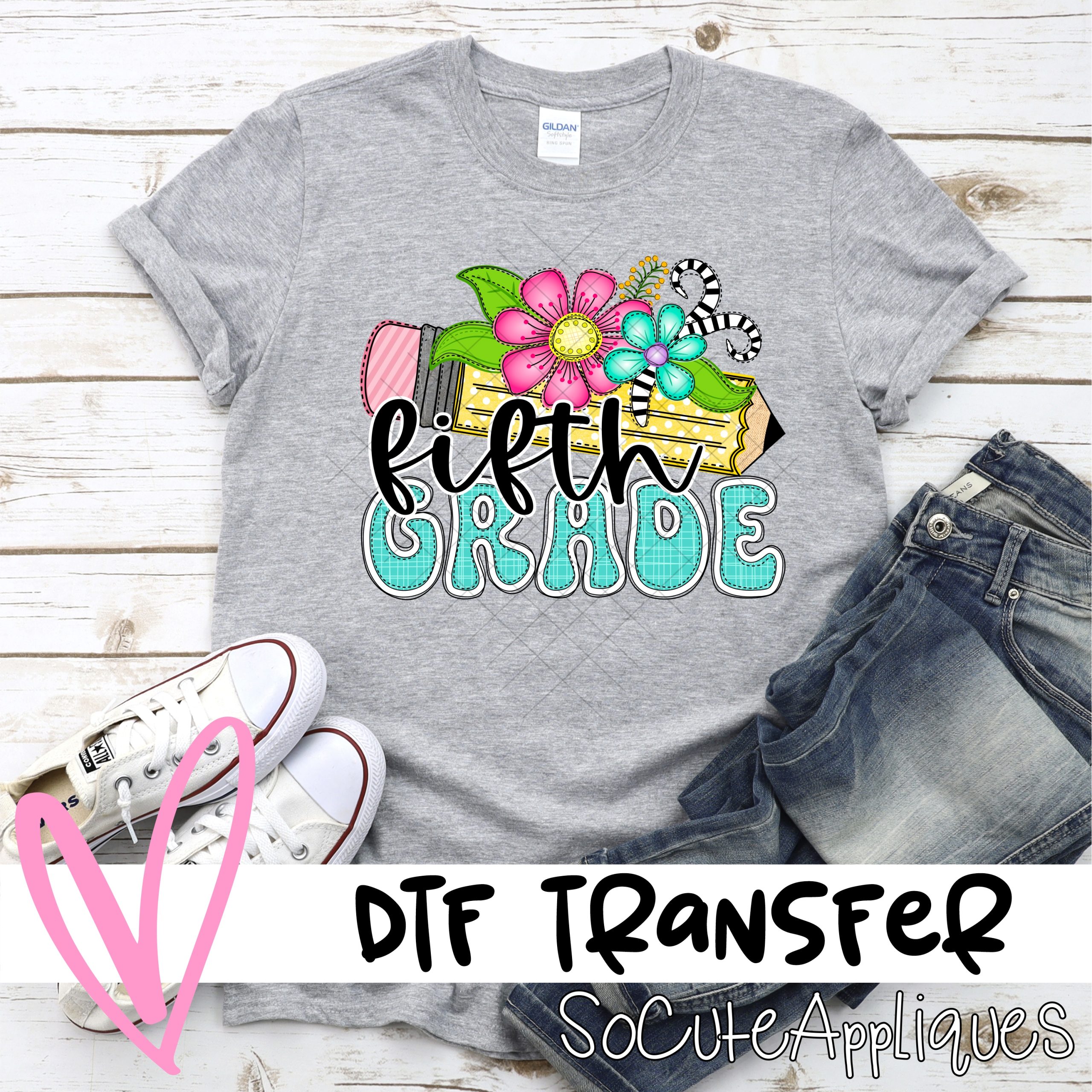 Pencil with whimsical flowers FIFTH GRADE *DTF* Transfer
