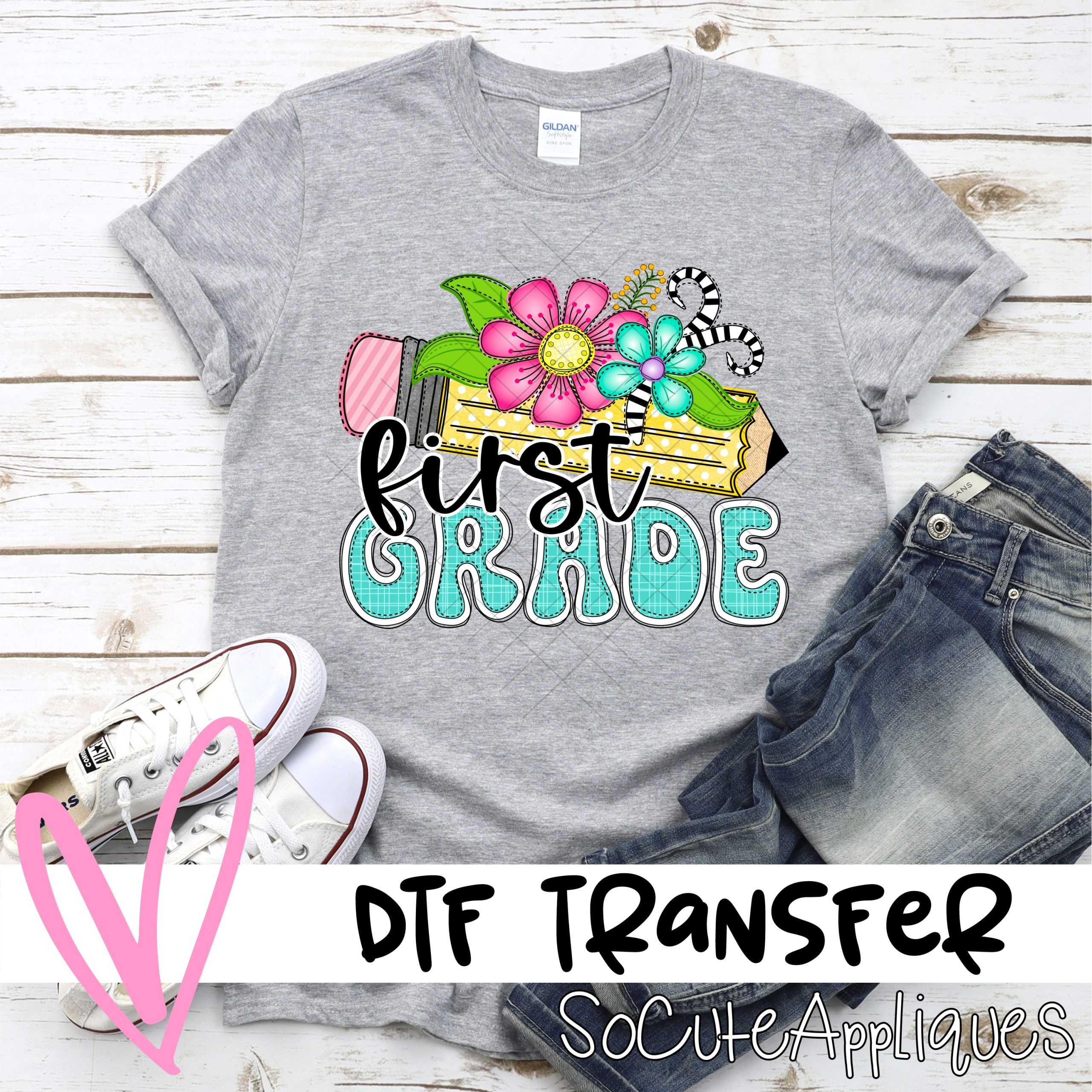 Pencil with whimsical flowers FIRST GRADE *DTF* Transfer