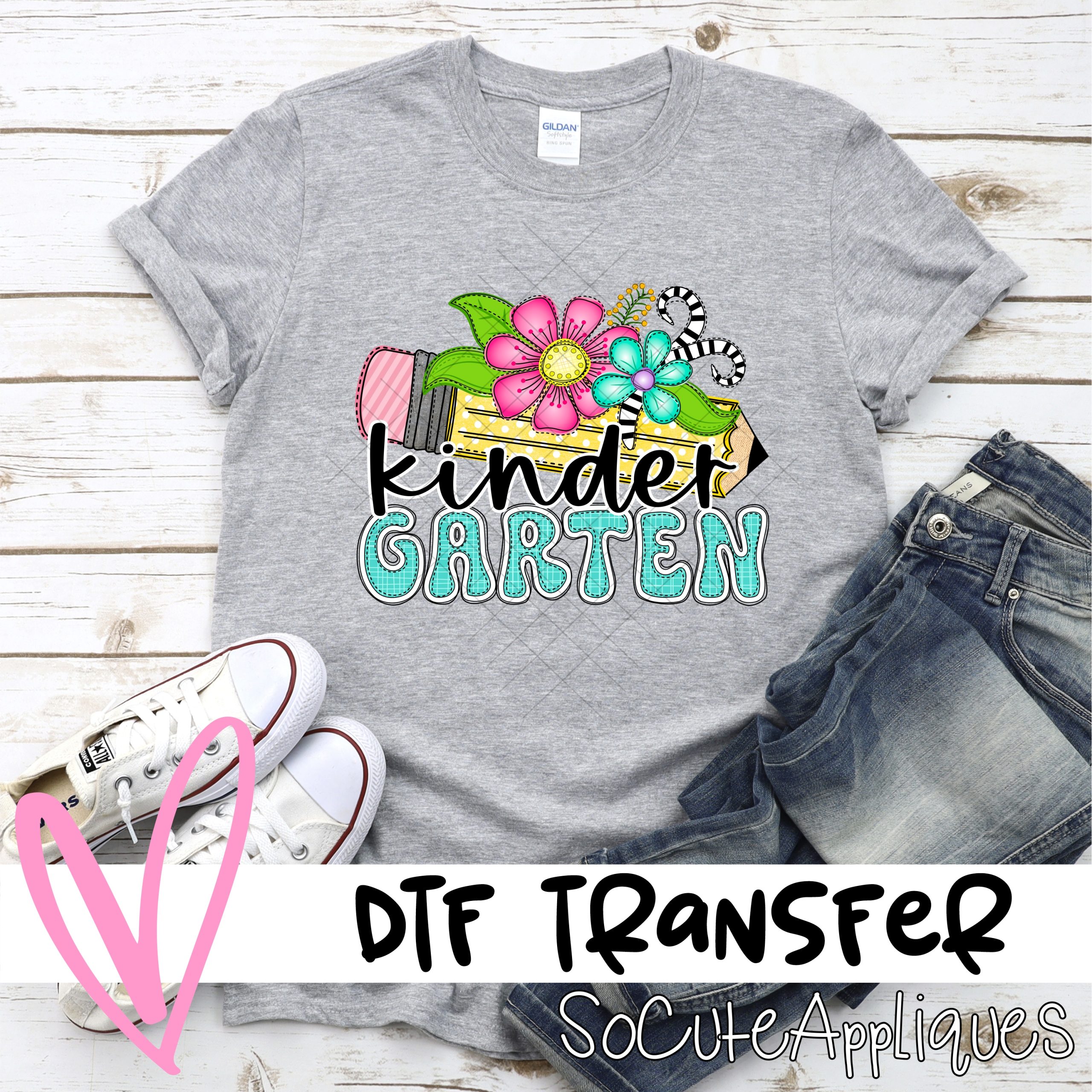 Pencil with whimsical flowers KINDERGARTEN *DTF* Transfer