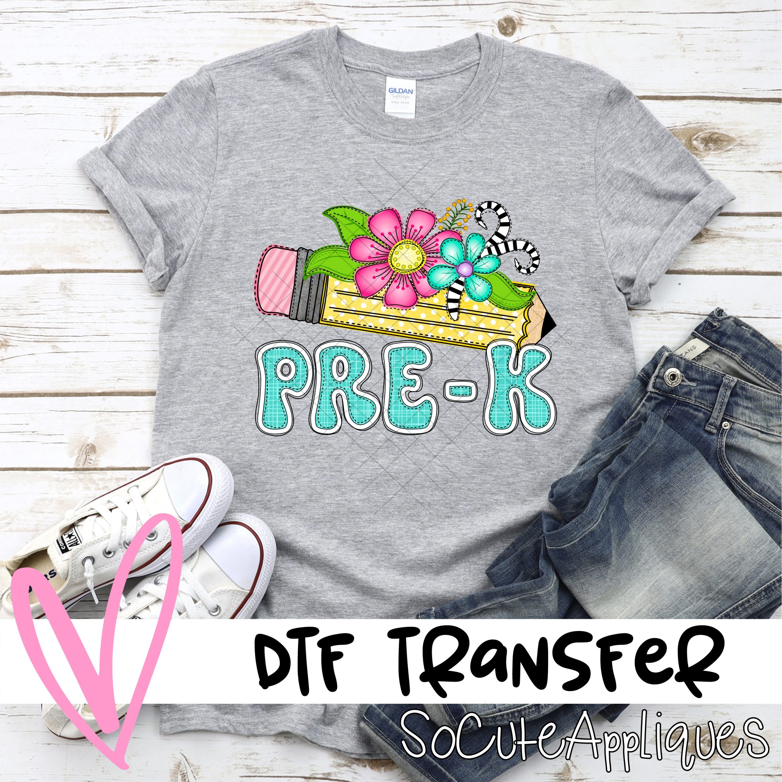 Pencil with whimsical flowers PRE K *DTF* Transfer