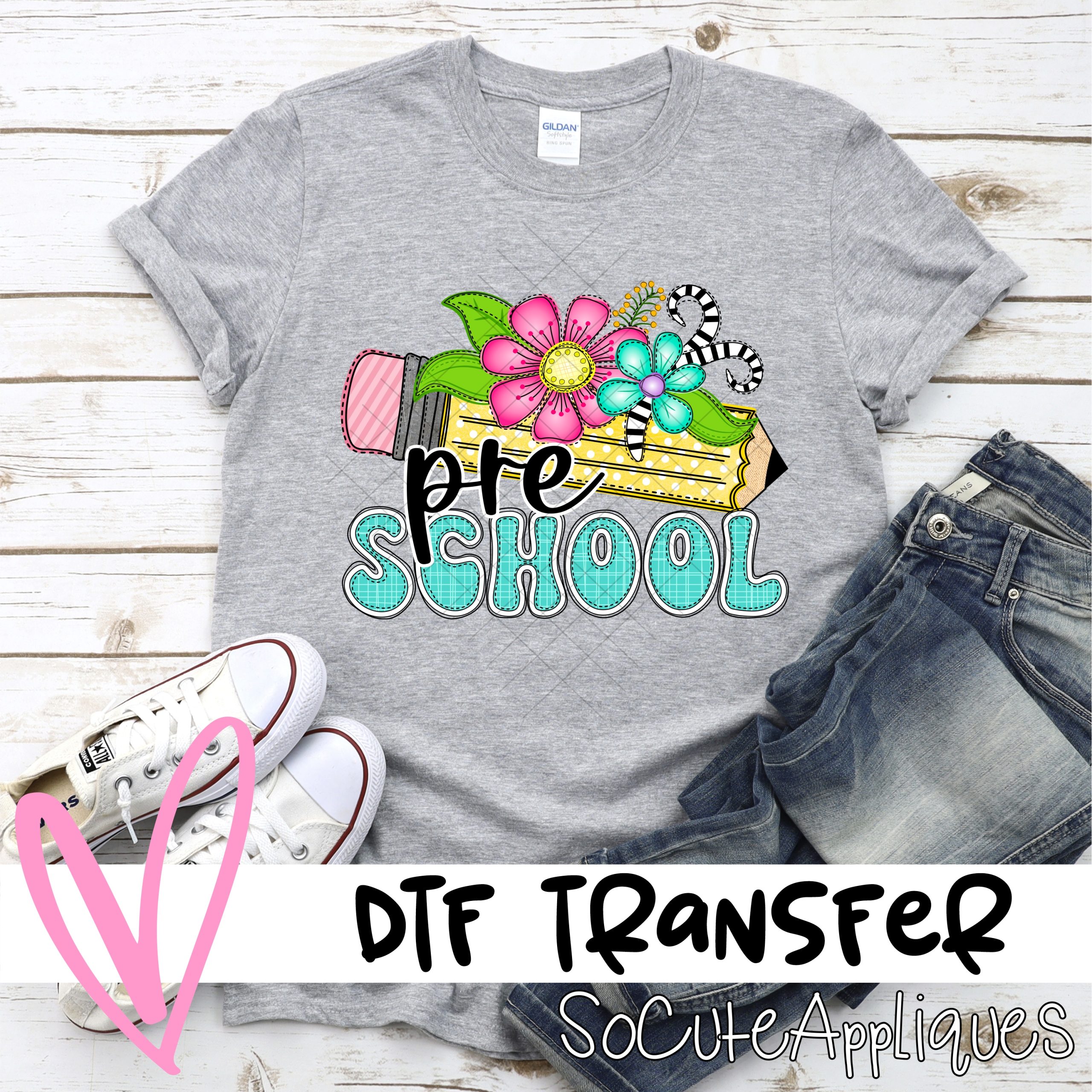 Pencil with whimsical flowers PRESCHOOL *DTF* Transfer