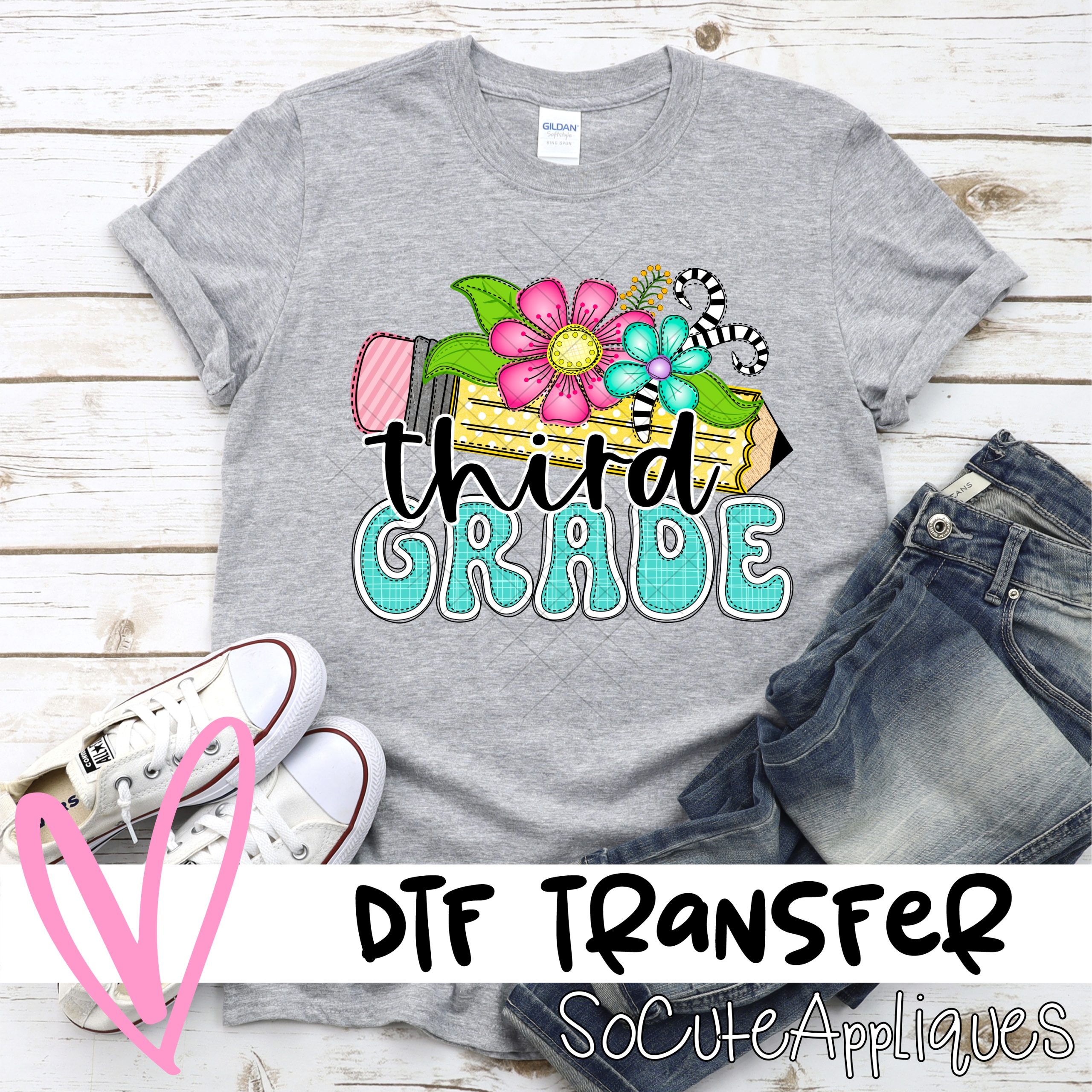 Pencil with whimsical flowers THIRD GRADE *DTF* Transfer