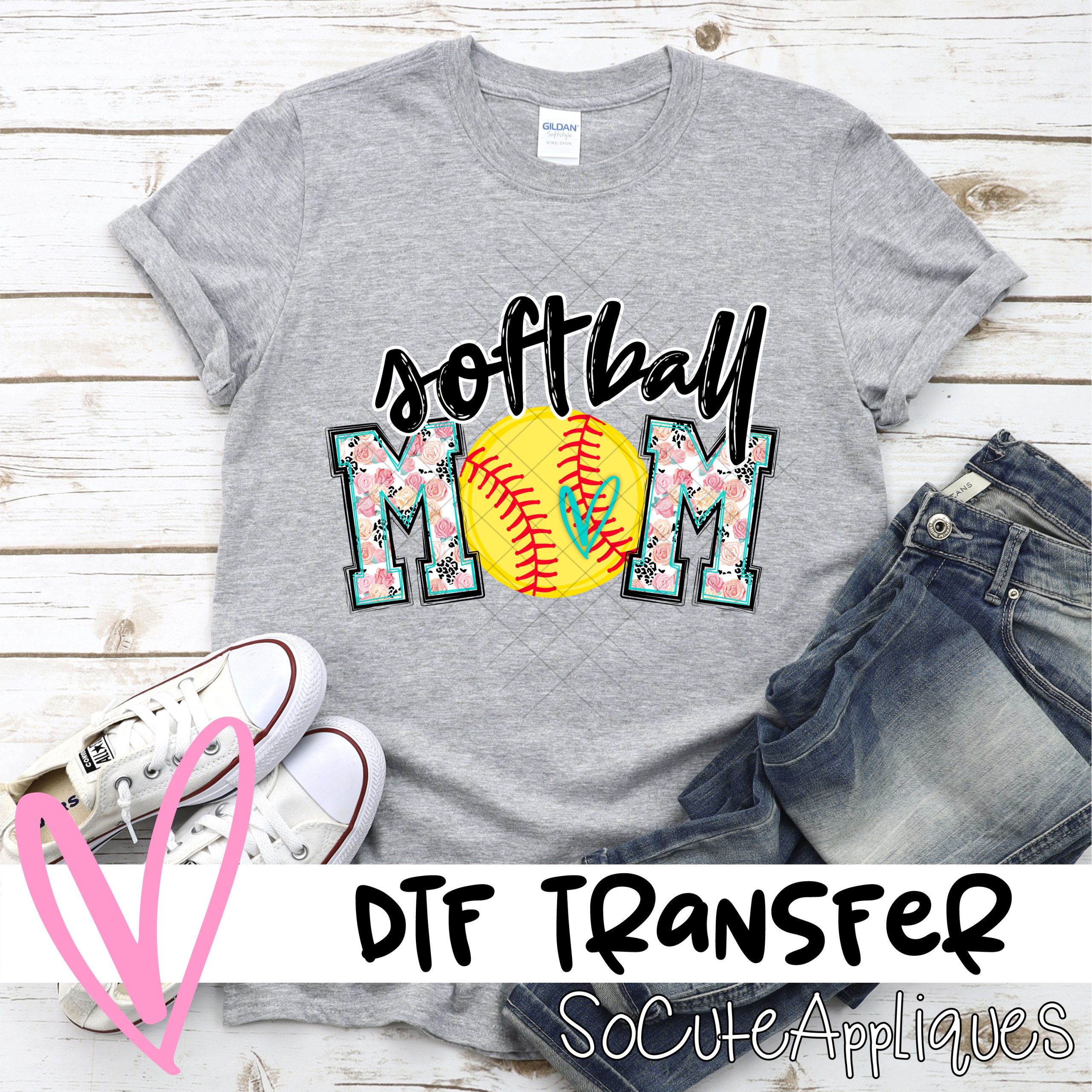 Softball mom ball O pink leopard flower *DTF* Transfer