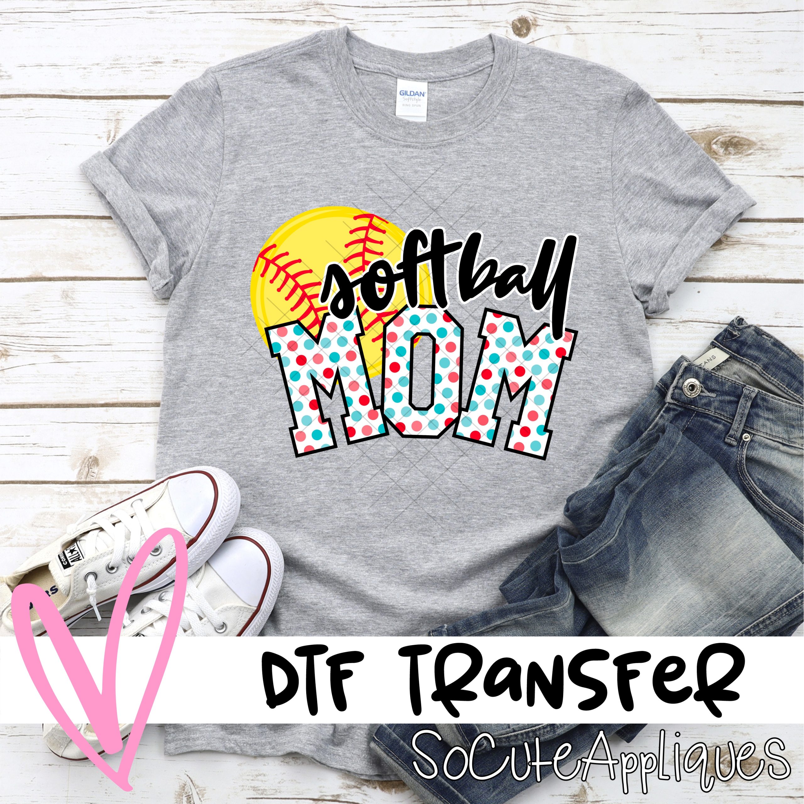 Softball mom ball pink blue polka dot *DTF* Transfer