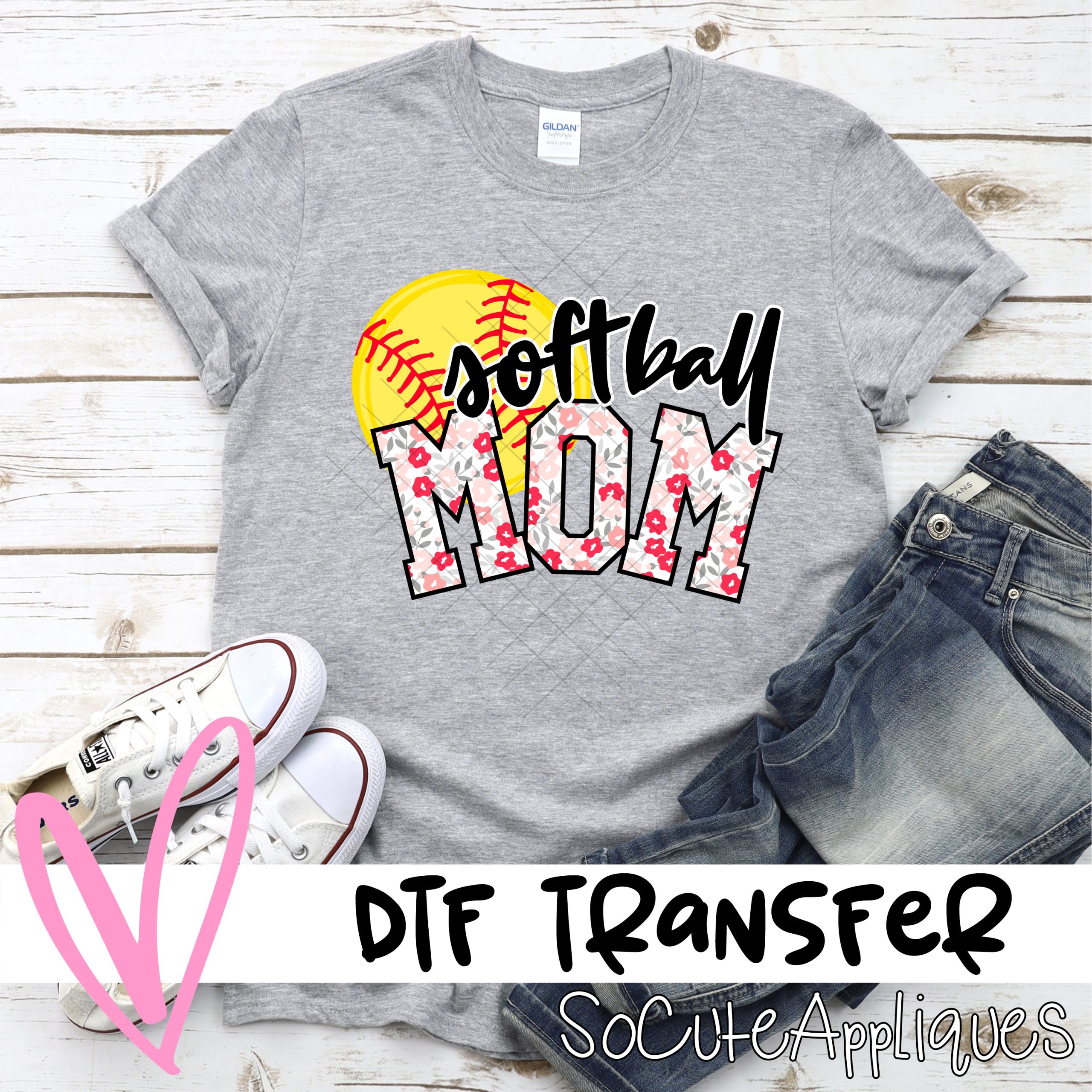 Softball mom ball pink flowers *DTF* Transfer