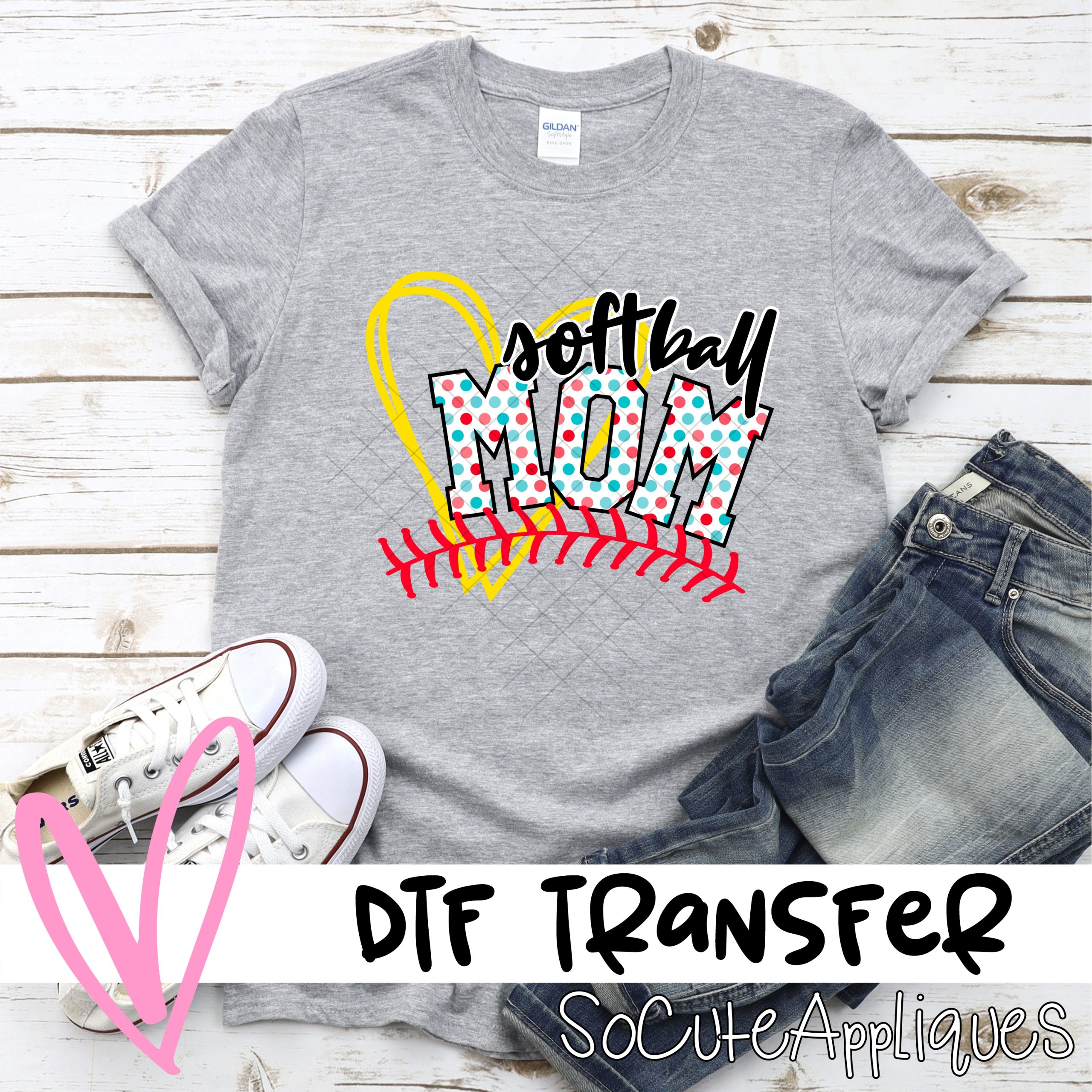 Softball mom heart pink blue polka dot *DTF* Transfer