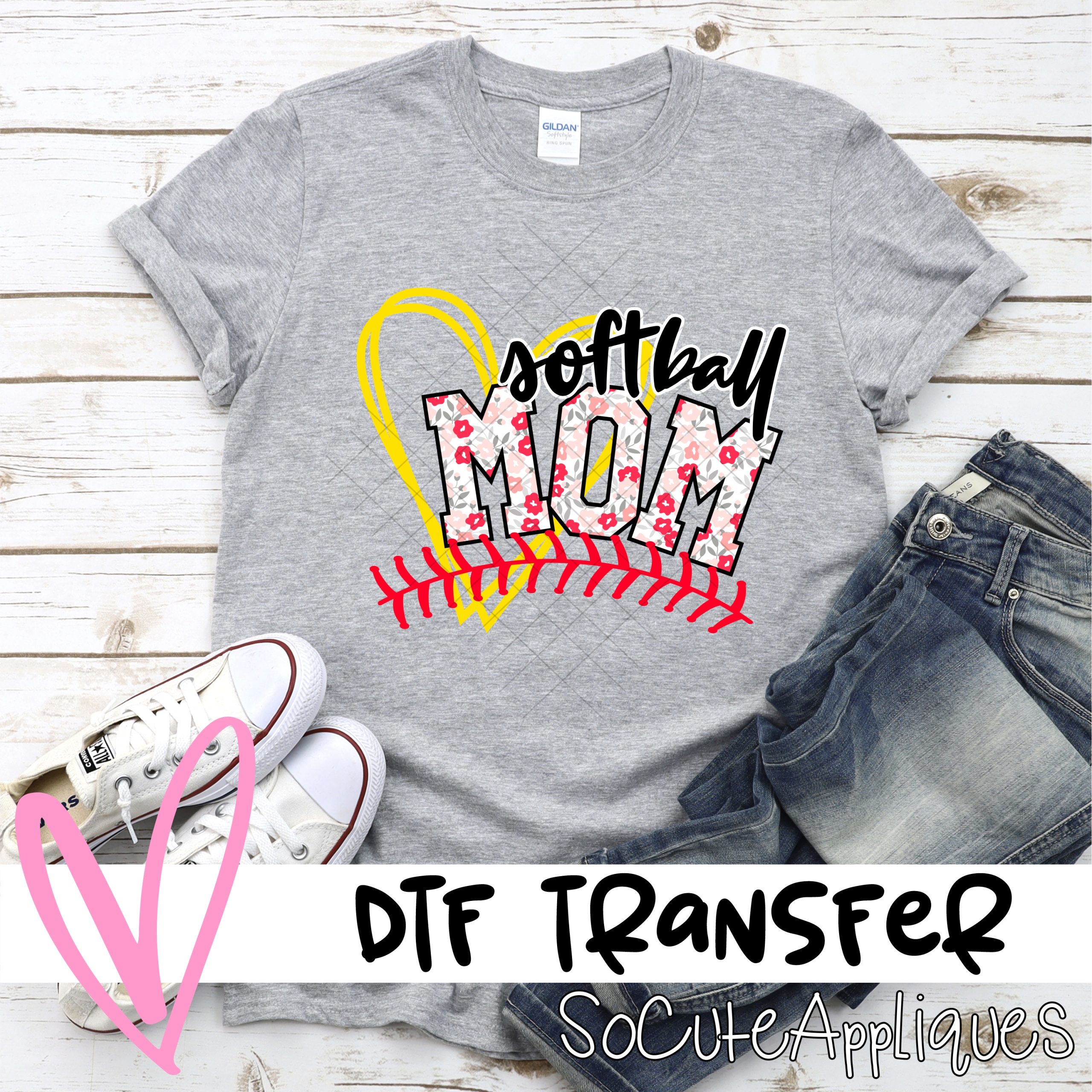 Softball mom heart pink flower *DTF* Transfer