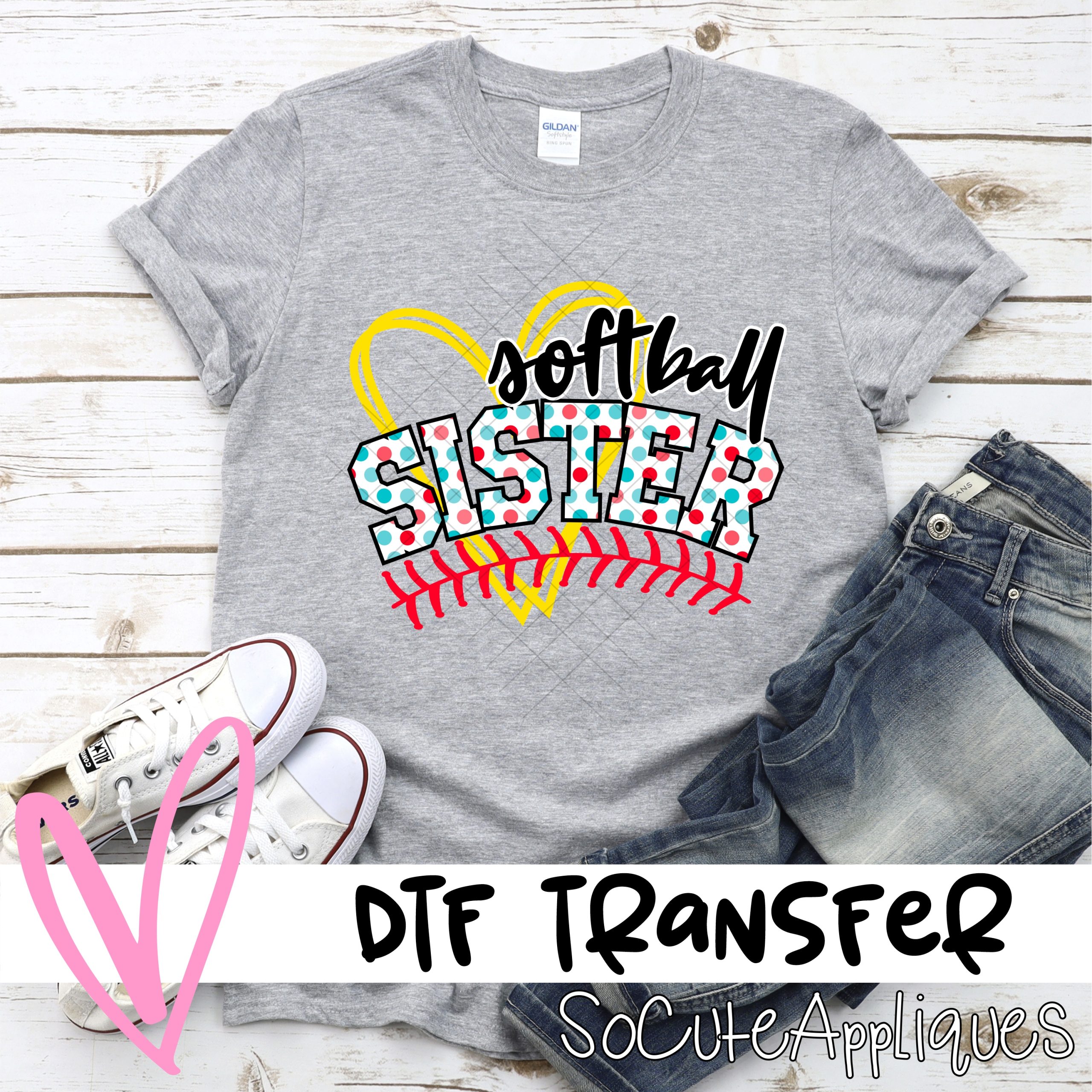 Softball sister heart blue pink polka dots *DTF* Transfer
