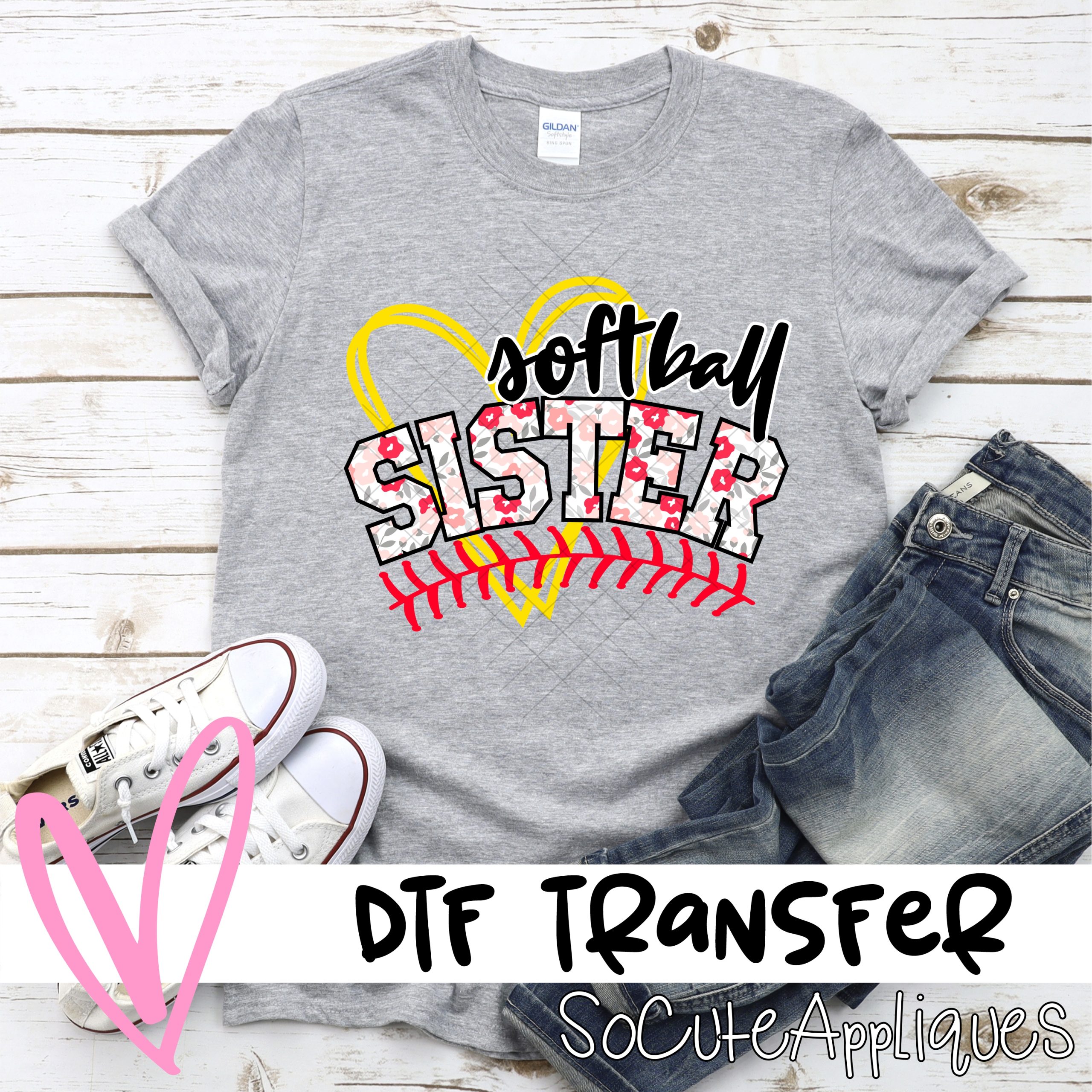 Softball sister heart pink flowers *DTF* Transfer