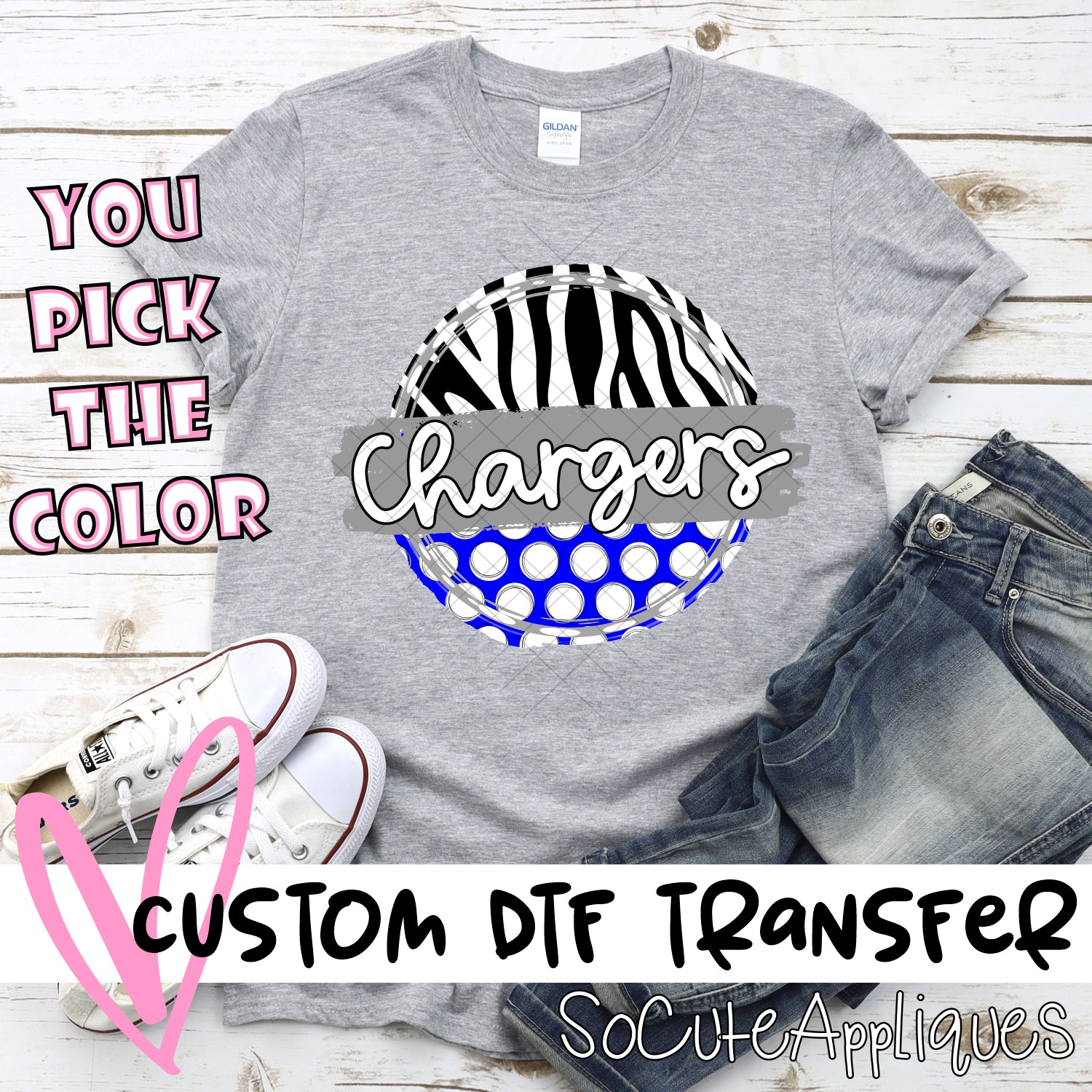 CUSTOM Chargers polka dot zebra circle *DTF* Transfer
